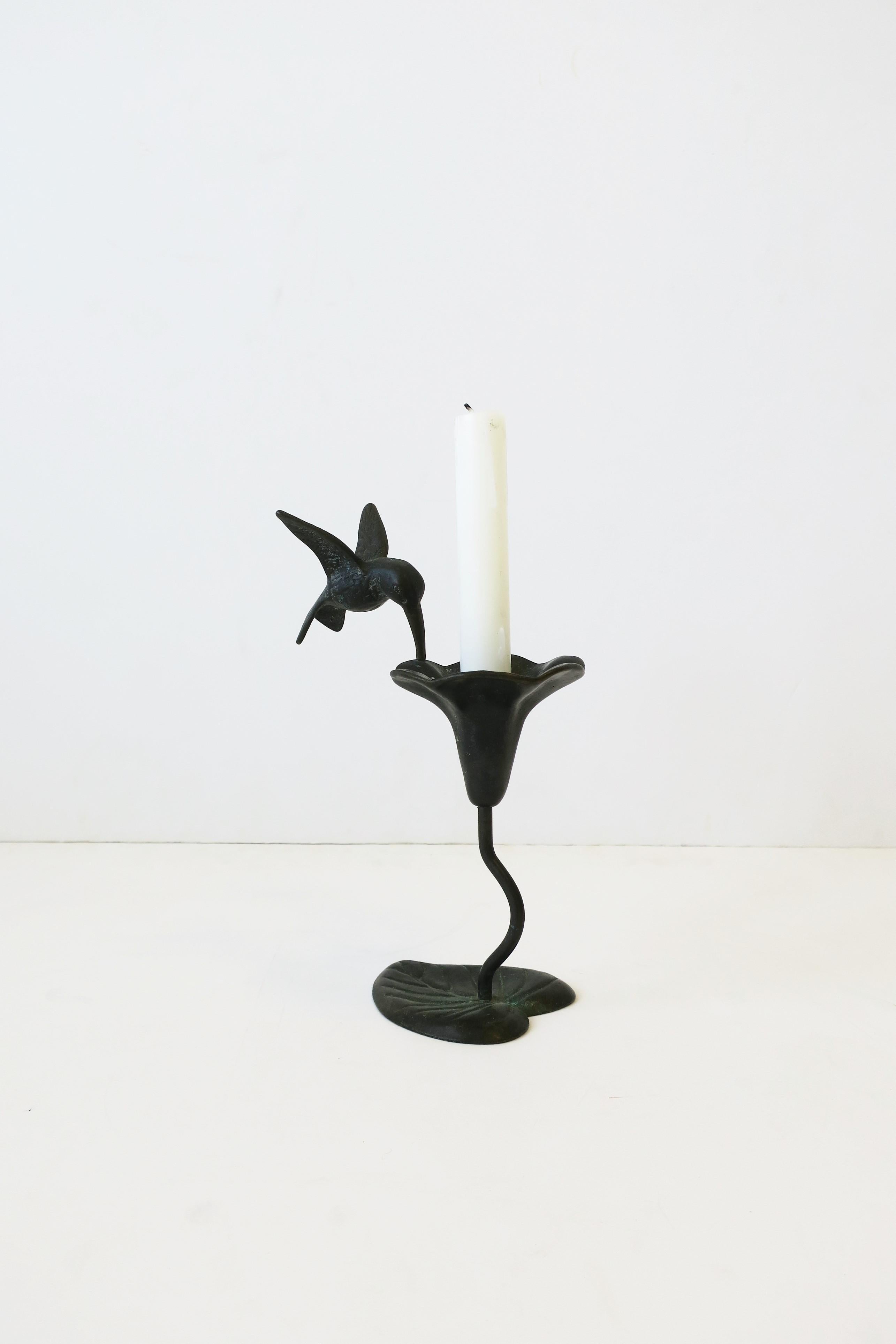 Bronze Art Nouveau Flower with Humming Bird Candlestick Holder 1