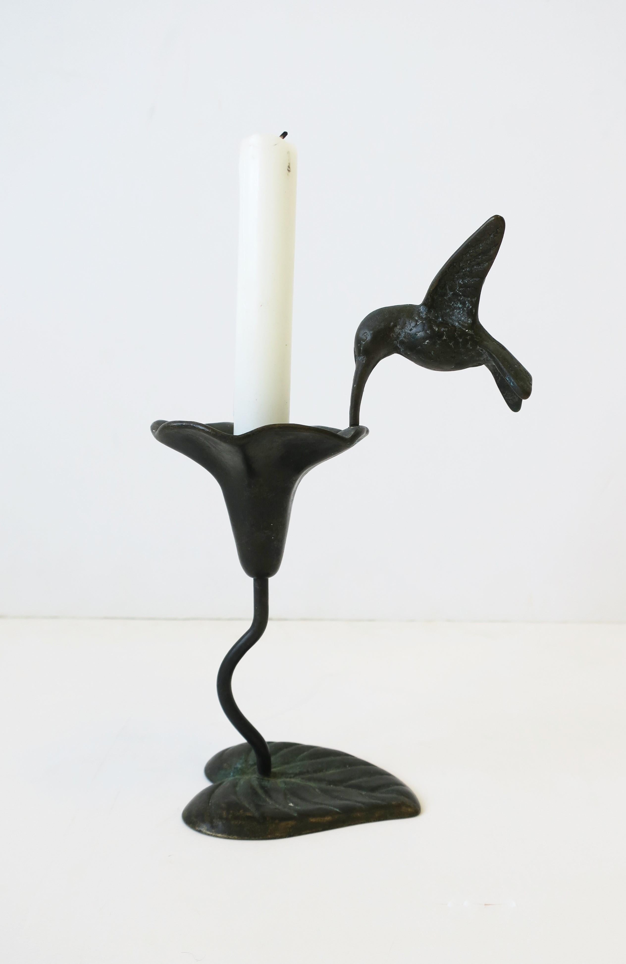 Bronze Art Nouveau Flower with Humming Bird Candlestick Holder 2