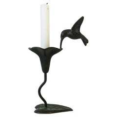 Bronze Art Nouveau Flower with Humming Bird Candlestick Holder