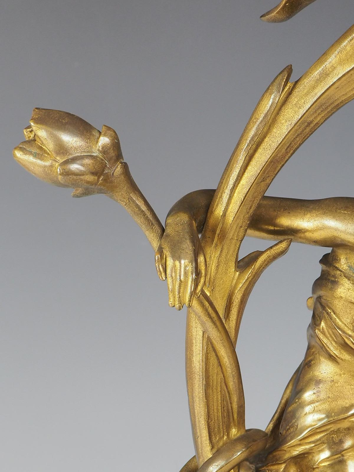Bronze Art Nouveau Lady Antique Table Lamp For Sale 6