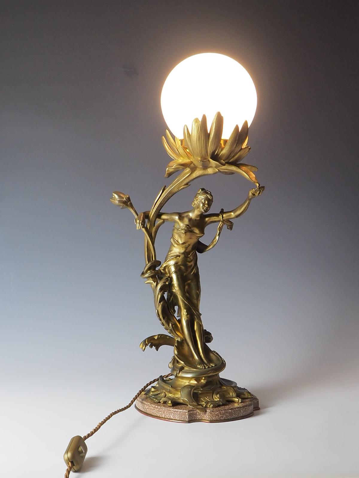 French Bronze Art Nouveau Lady Antique Table Lamp For Sale