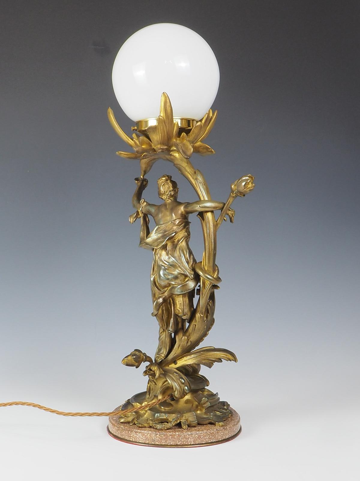 Bronze Art Nouveau Lady Antique Table Lamp For Sale 1
