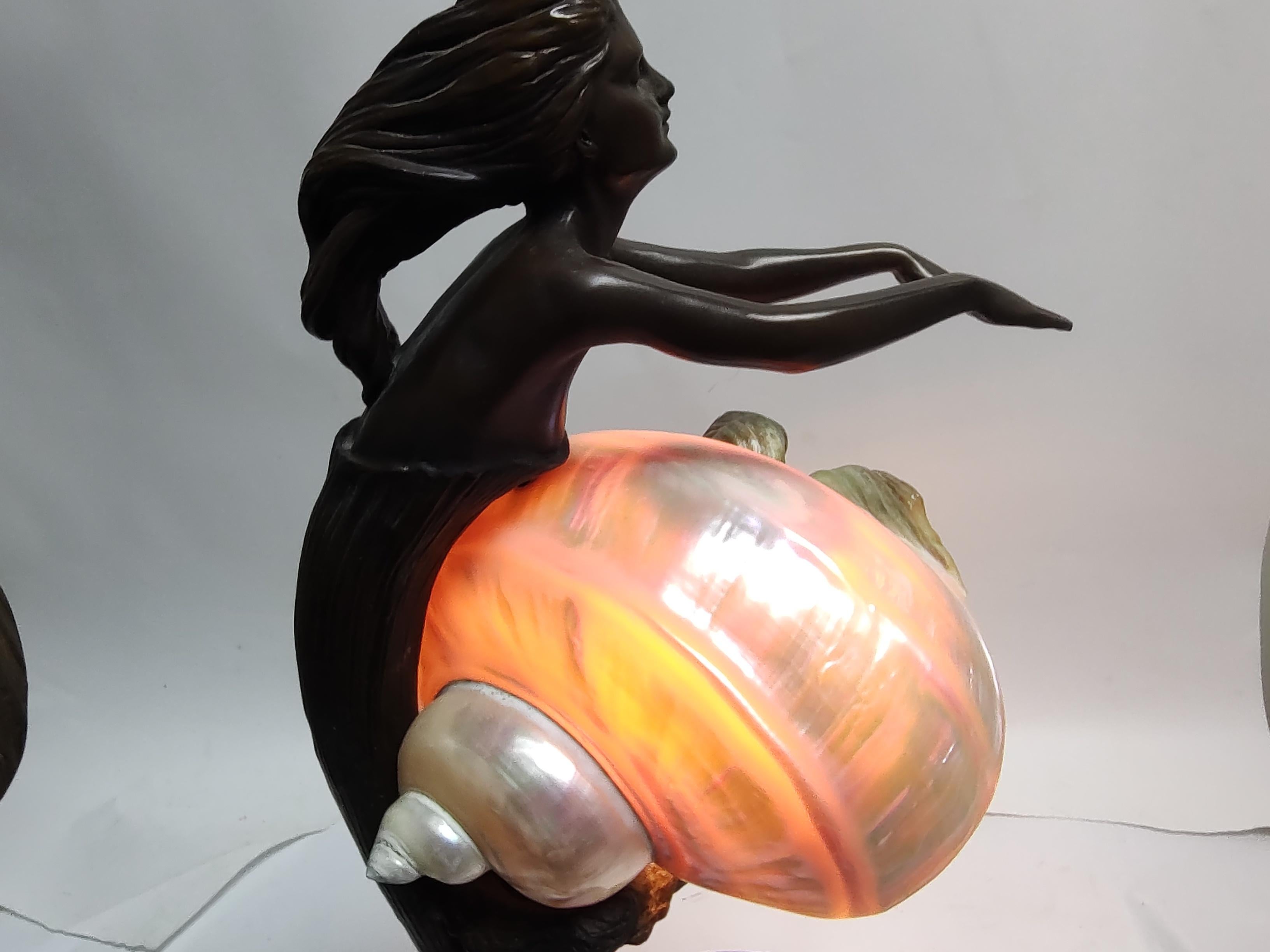 Bronze Art Noveau Style Figural Mermaid Table Lamp & a Conch Shell Lamp Shade For Sale 1
