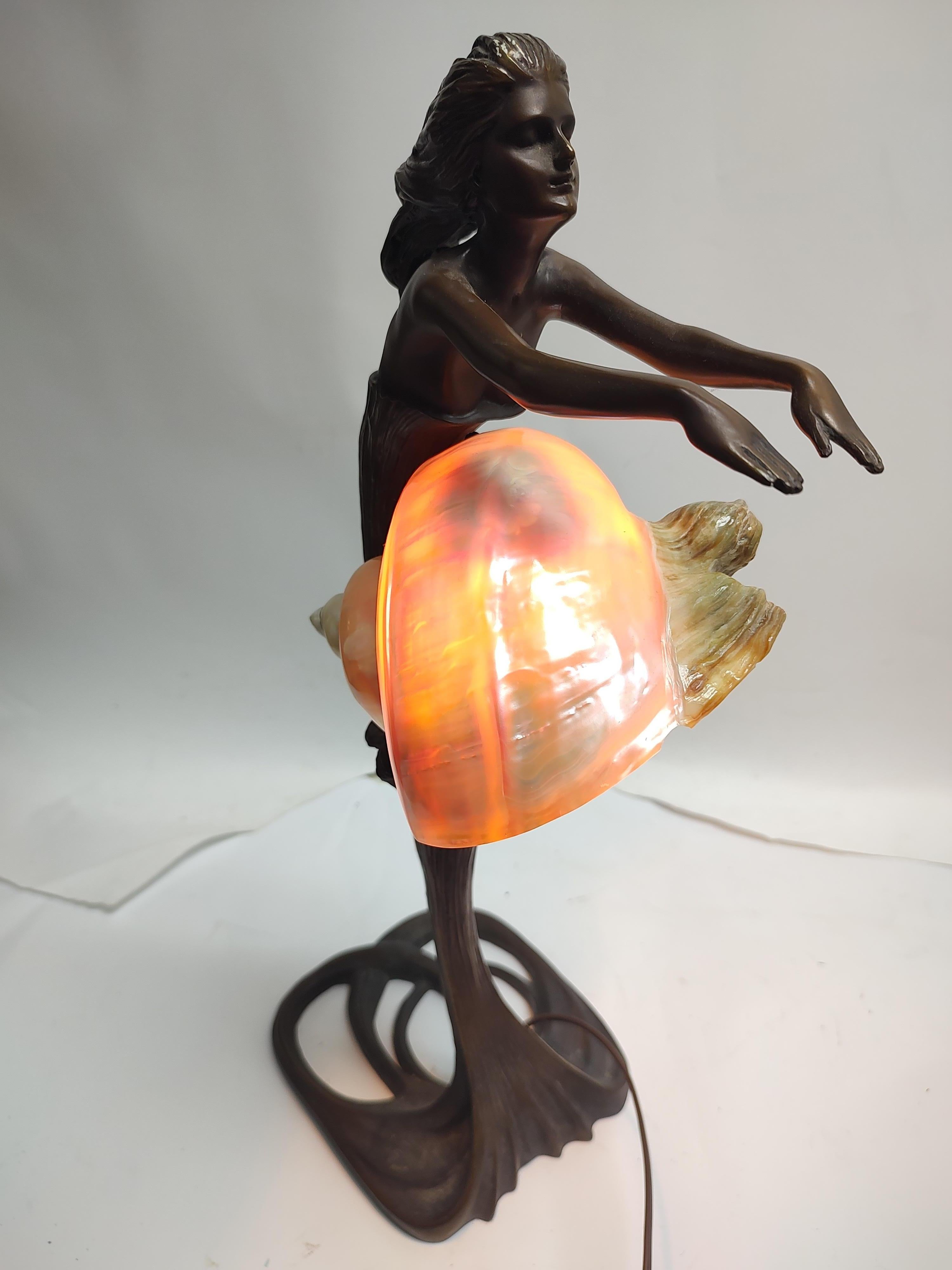 Bronze Art Noveau Style Figural Mermaid Table Lamp & a Conch Shell Lamp Shade For Sale 3