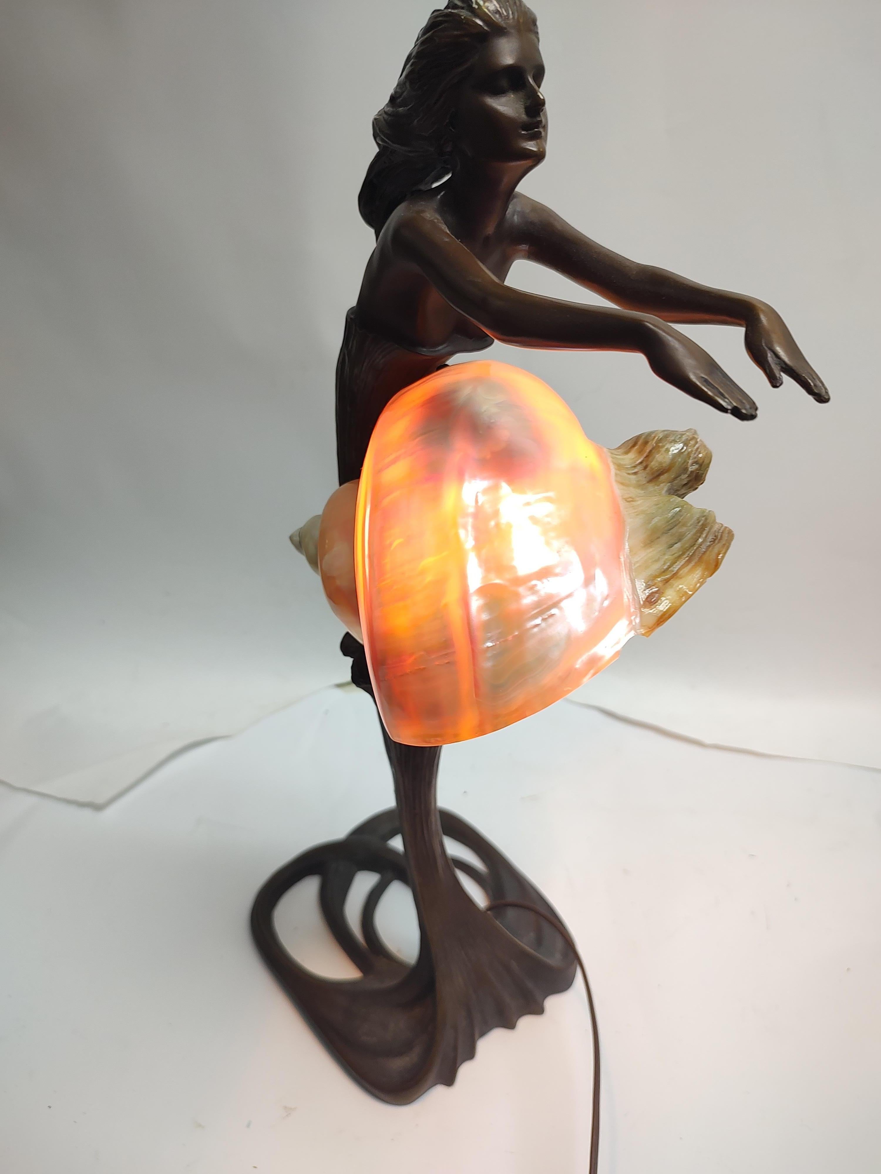 Bronze Art Noveau Style Figural Mermaid Table Lamp & a Conch Shell Lamp Shade For Sale 4