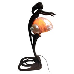 Bronze Art Noveau Style Figural Mermaid Table Lamp with a Conch Shell Lamp Shade