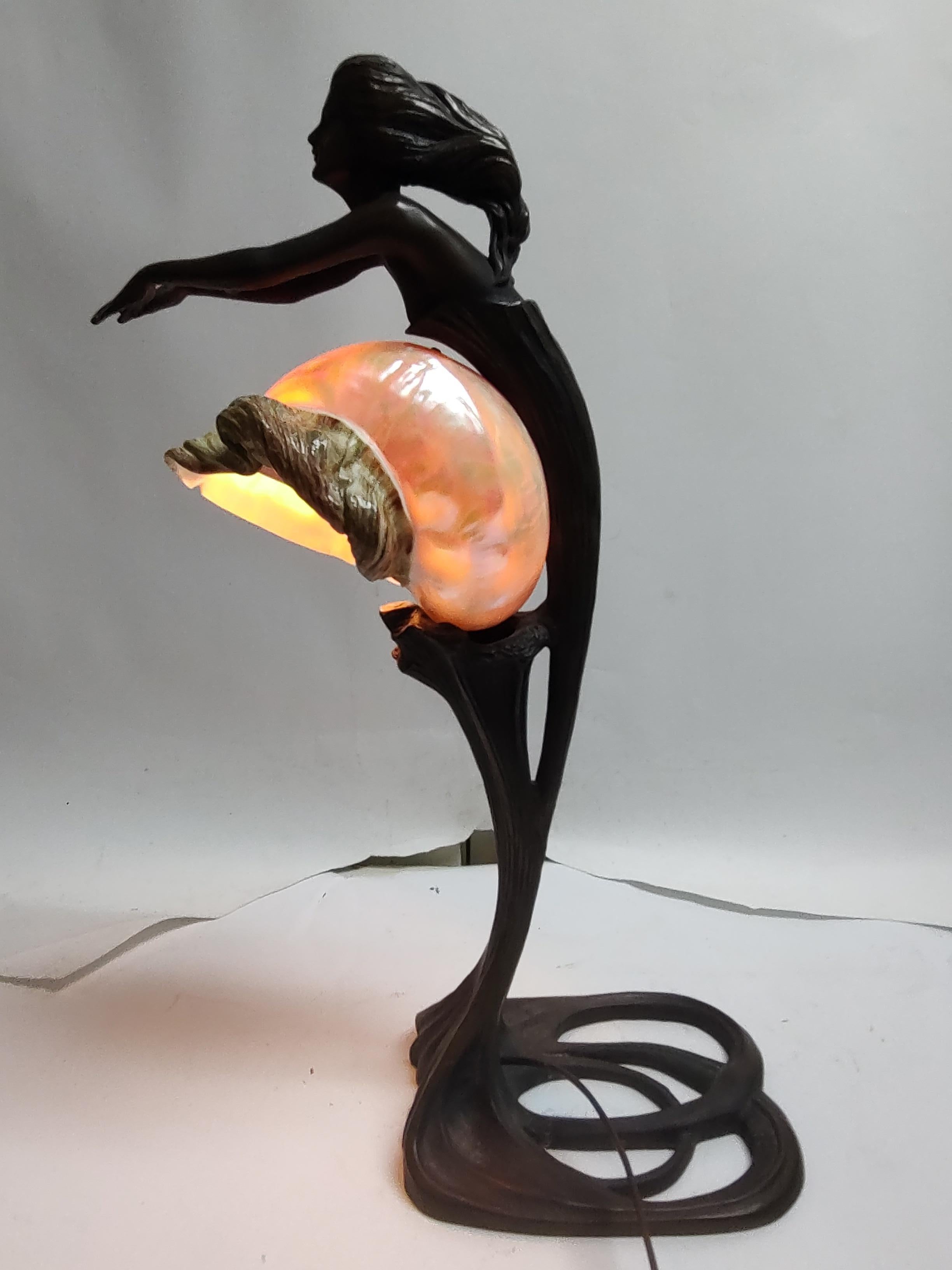 Art Nouveau Bronze Art Noveau Style Figural Mermaid Table Lamp & a Conch Shell Lamp Shade For Sale