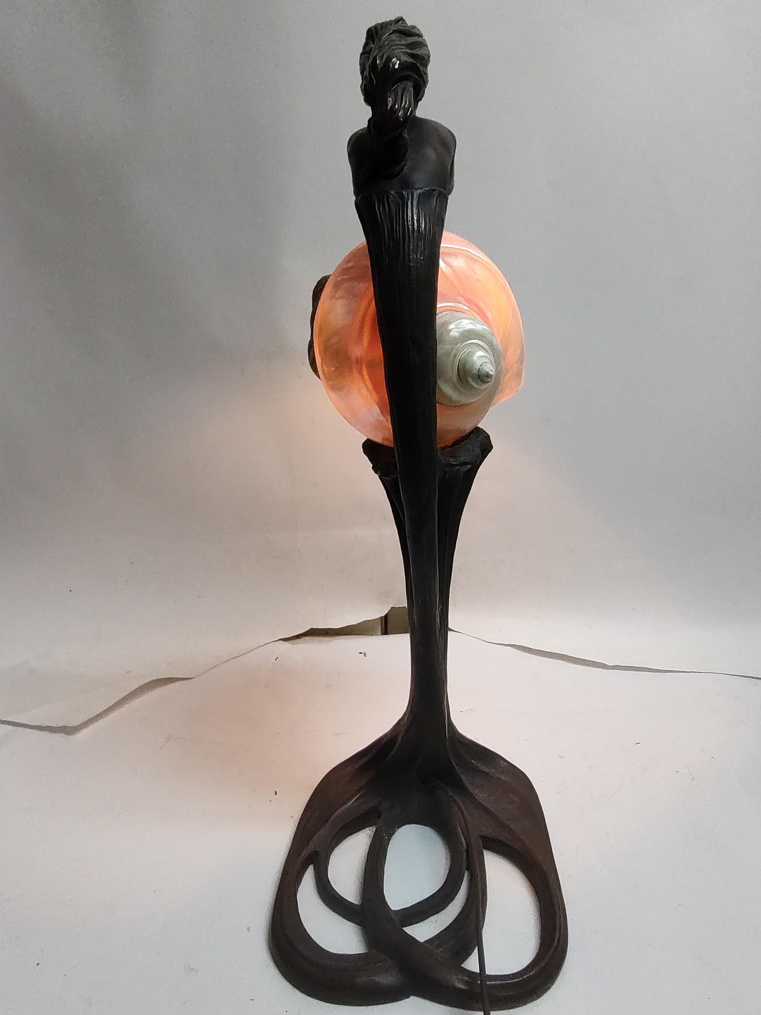 American Bronze Art Noveau Style Figural Mermaid Table Lamp & a Conch Shell Lamp Shade For Sale