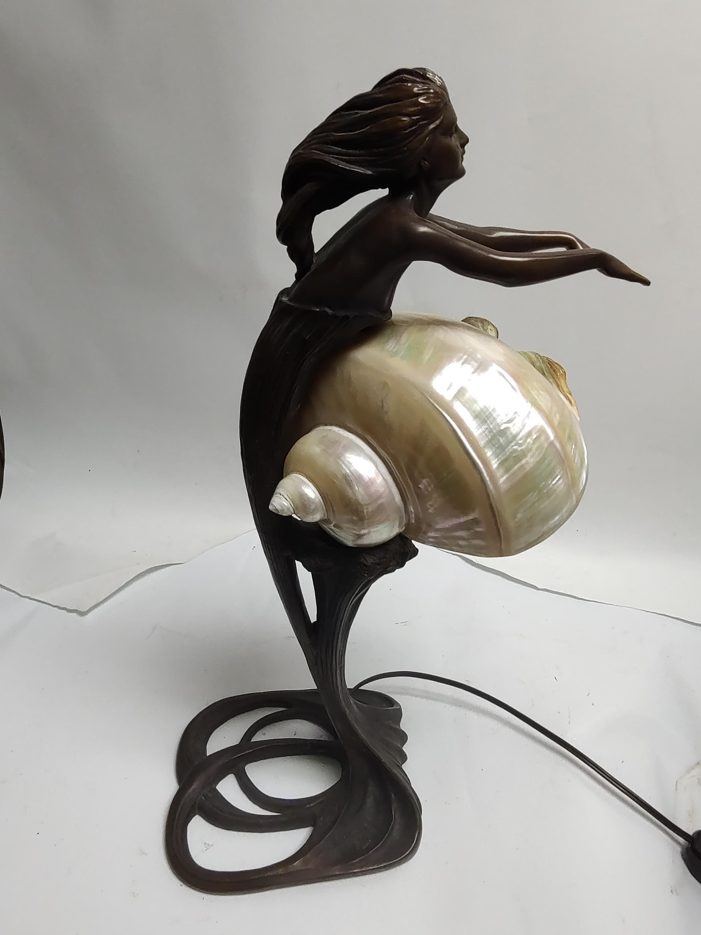 American Bronze Art Noveau Style Figural Mermaid Table Lamp & a Conch Shell Lamp Shade For Sale
