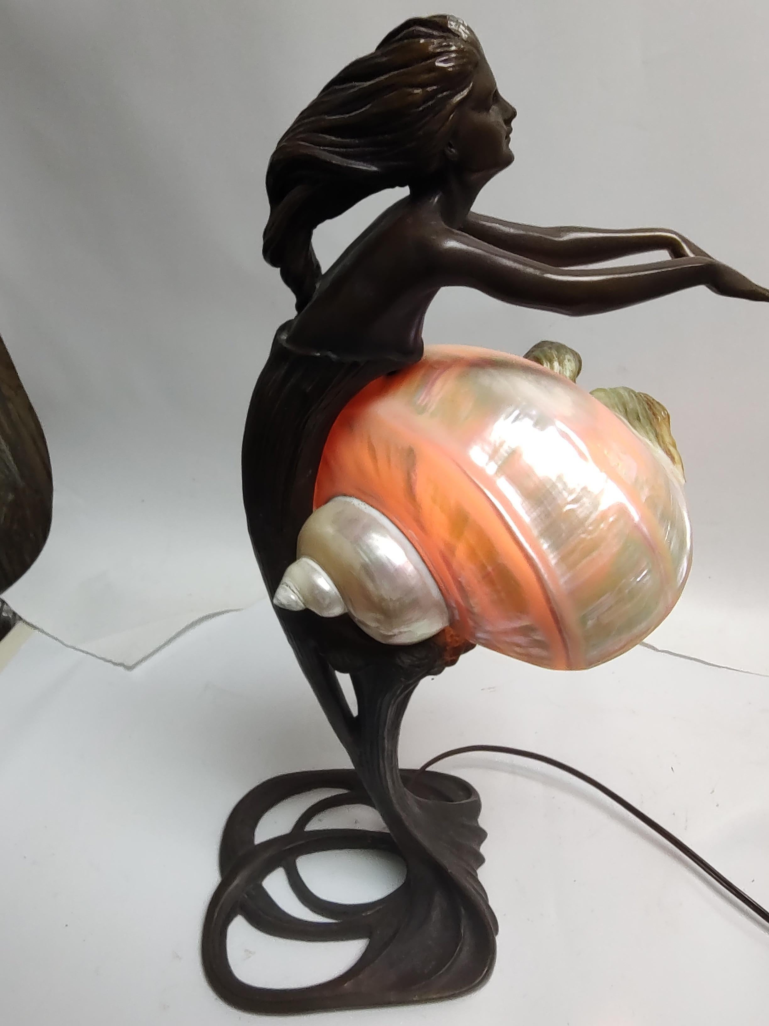 Late 20th Century Bronze Art Noveau Style Figural Mermaid Table Lamp & a Conch Shell Lamp Shade For Sale