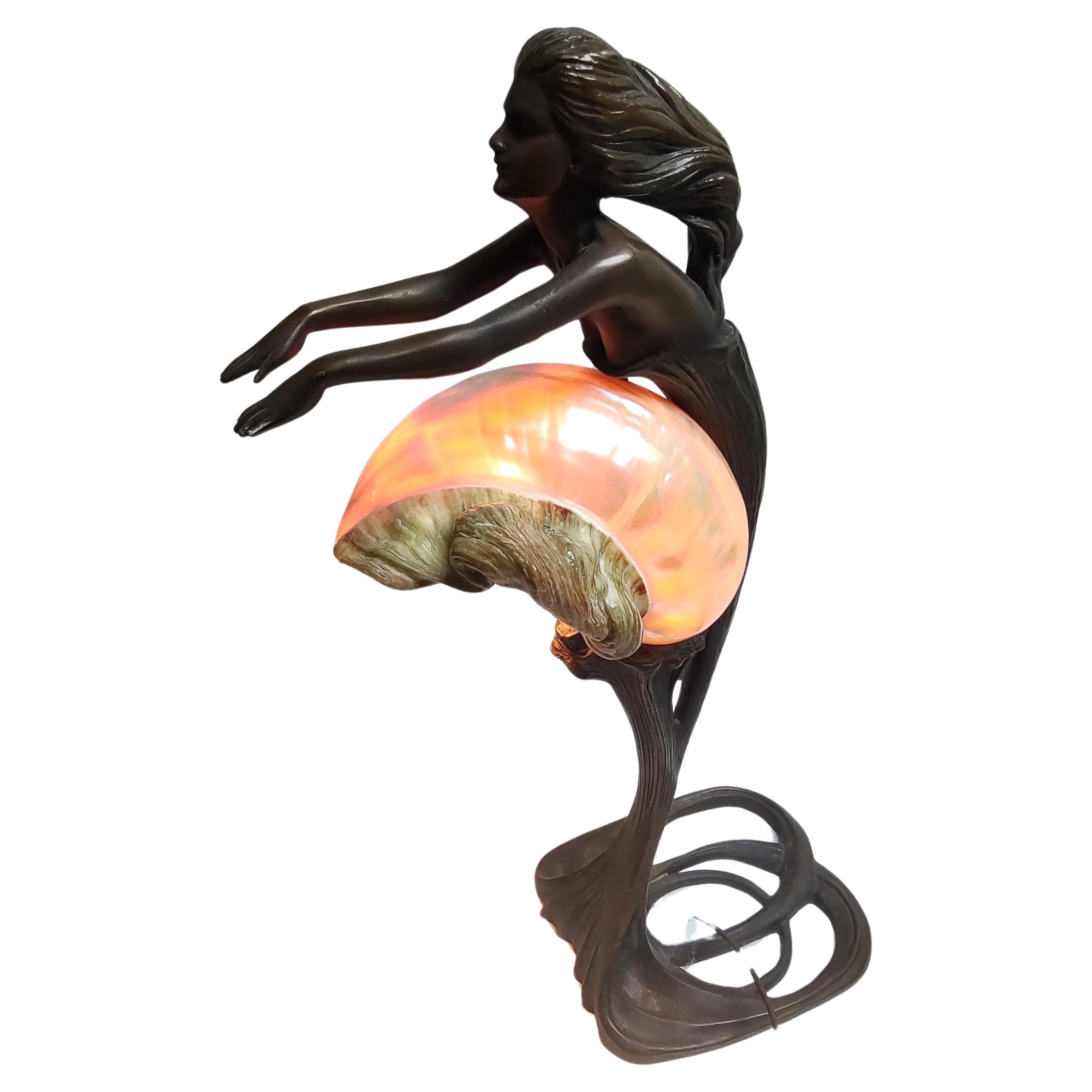 Bronze Art Noveau Style Figural Mermaid Table Lamp & a Conch Shell Lamp Shade For Sale
