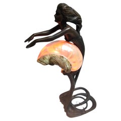 Bronze Art Noveau Style Figural Mermaid Table Lamp & a Conch Shell Lamp Shade
