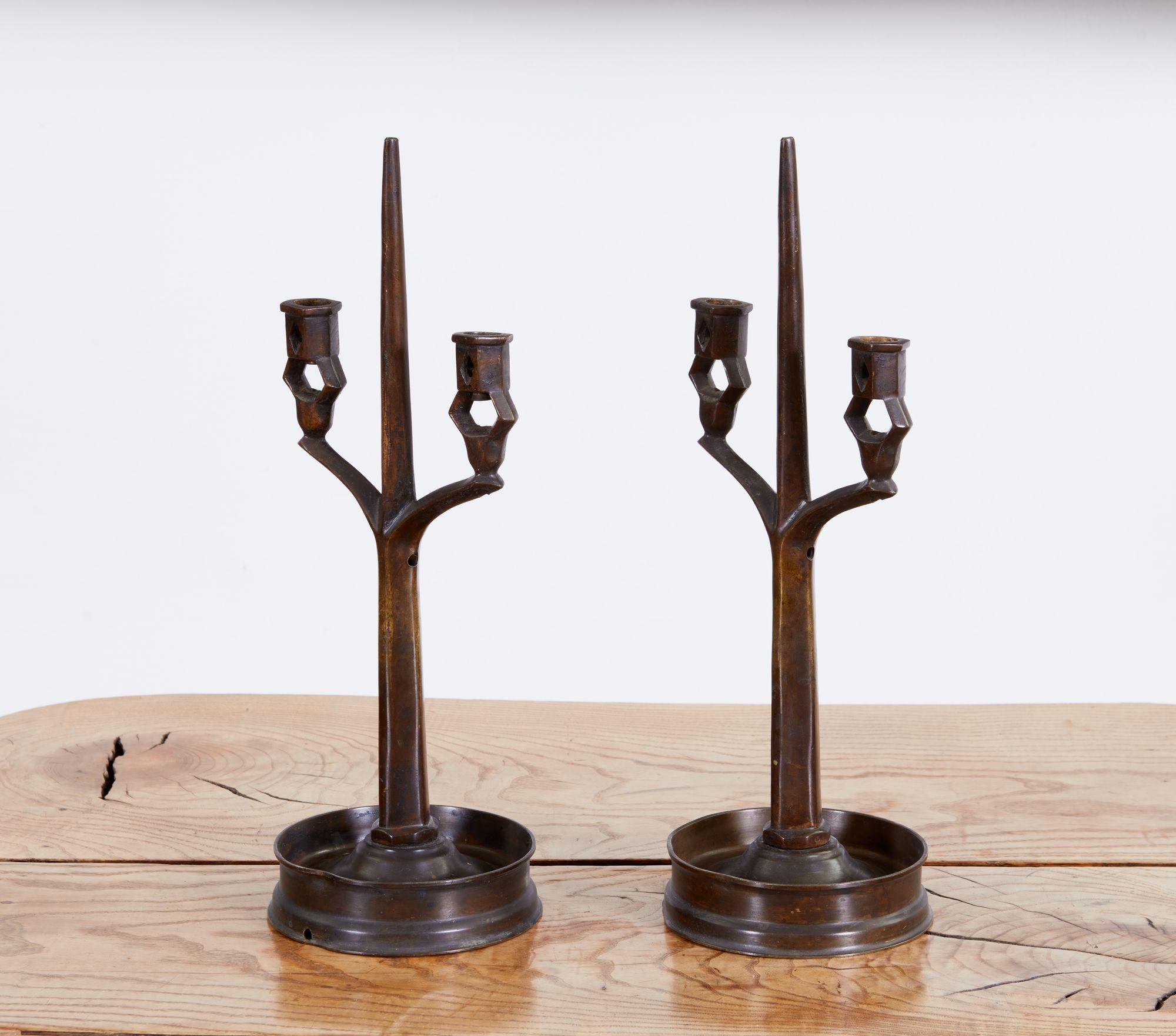 English Bronze Arts and Crafts Candlesticks For Sale