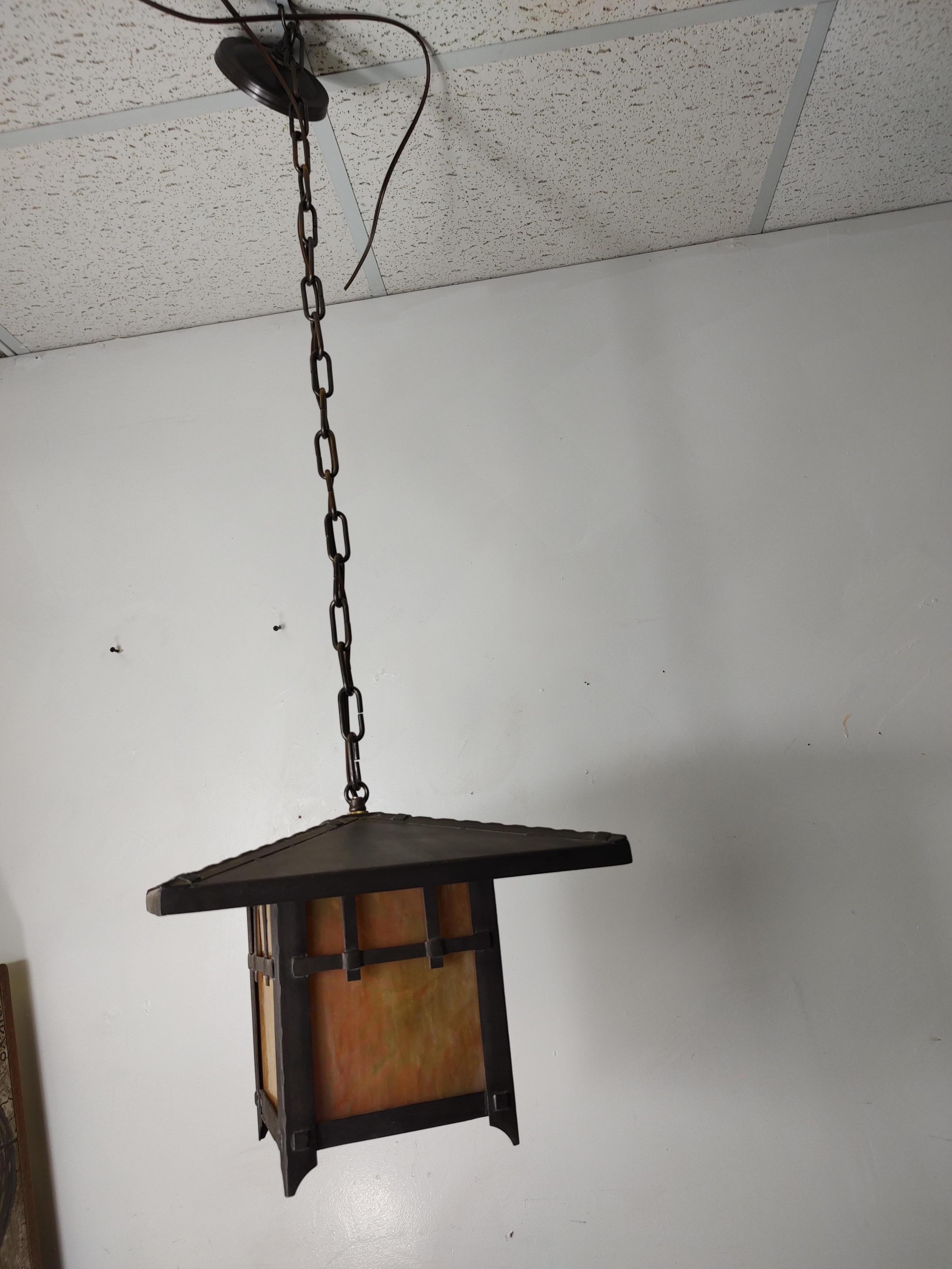 Bronze Arts & Crafts Hanging Pendant Lights w Slag Glass 4 Available For Sale 4