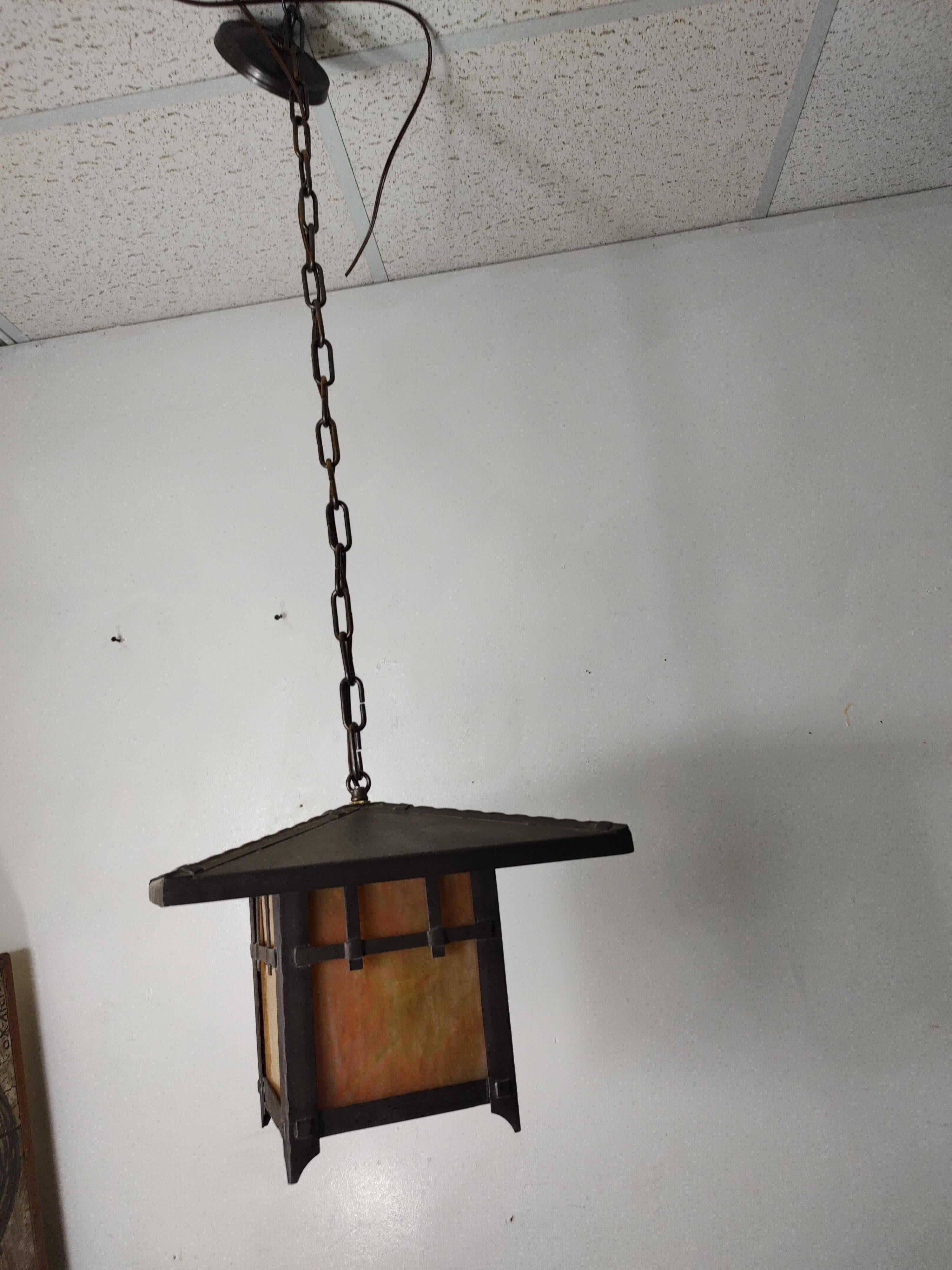 Bronze Arts & Crafts Hanging Pendant Lights w Slag Glass 4 Available For Sale 5