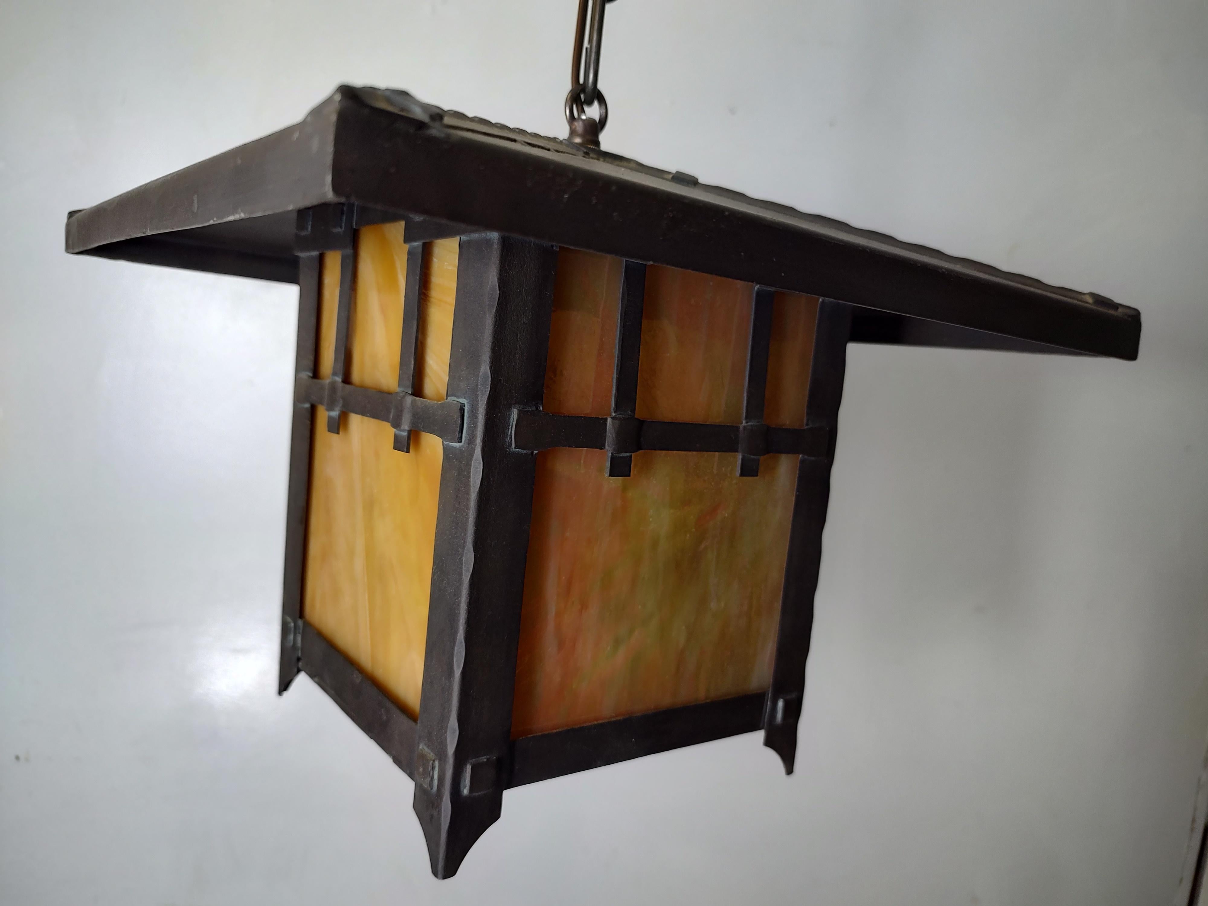 Late 20th Century Bronze Arts & Crafts Hanging Pendant Lights w Slag Glass 4 Available For Sale