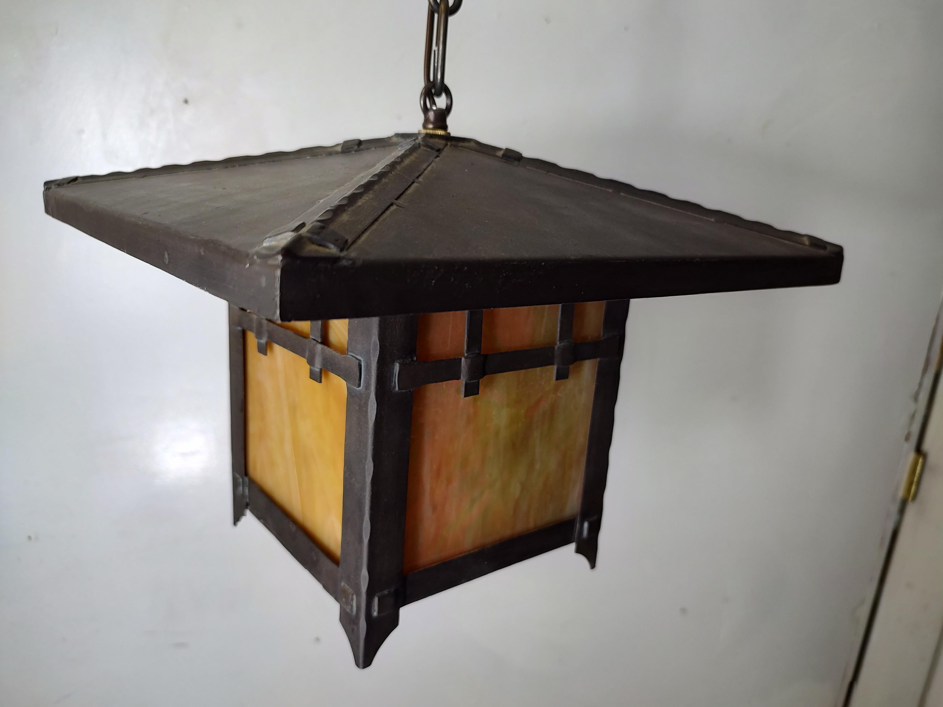 Brass Bronze Arts & Crafts Hanging Pendant Lights w Slag Glass 4 Available For Sale