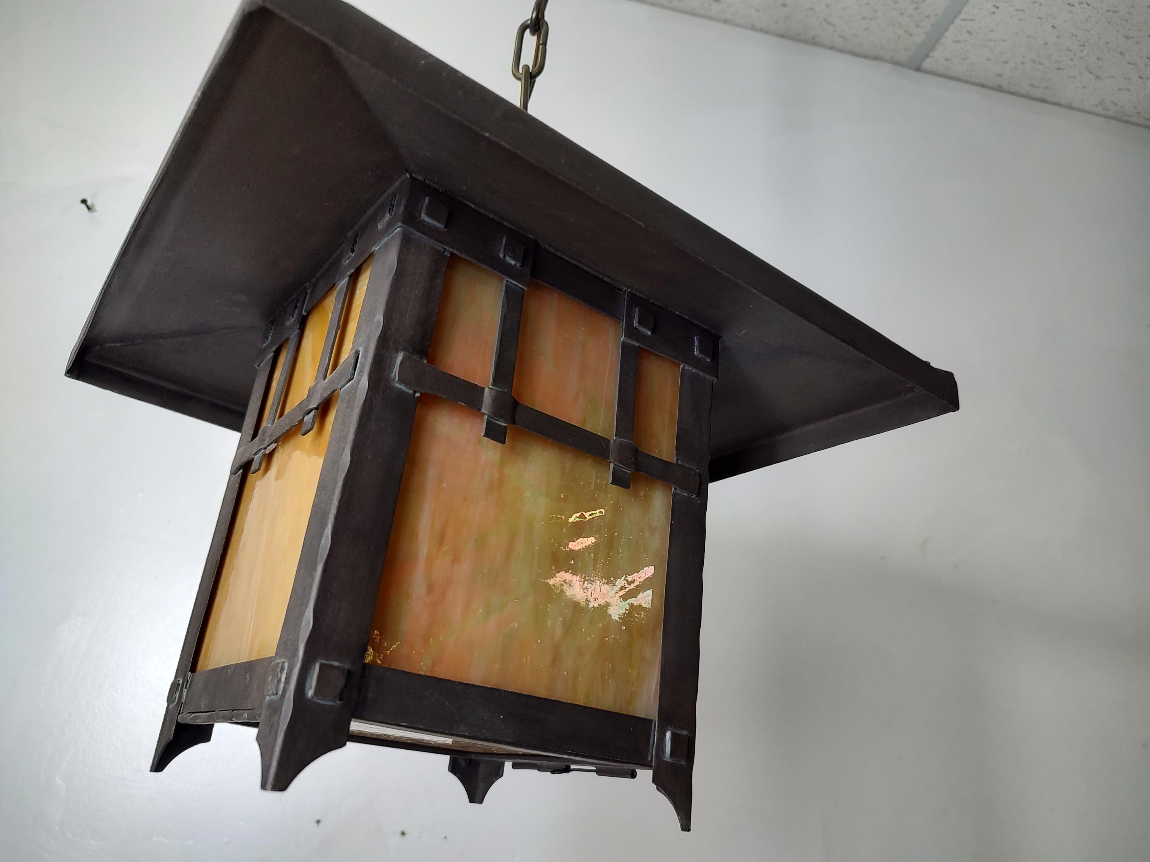 Bronze Arts & Crafts Hanging Pendant Lights w Slag Glass 4 Available For Sale 1