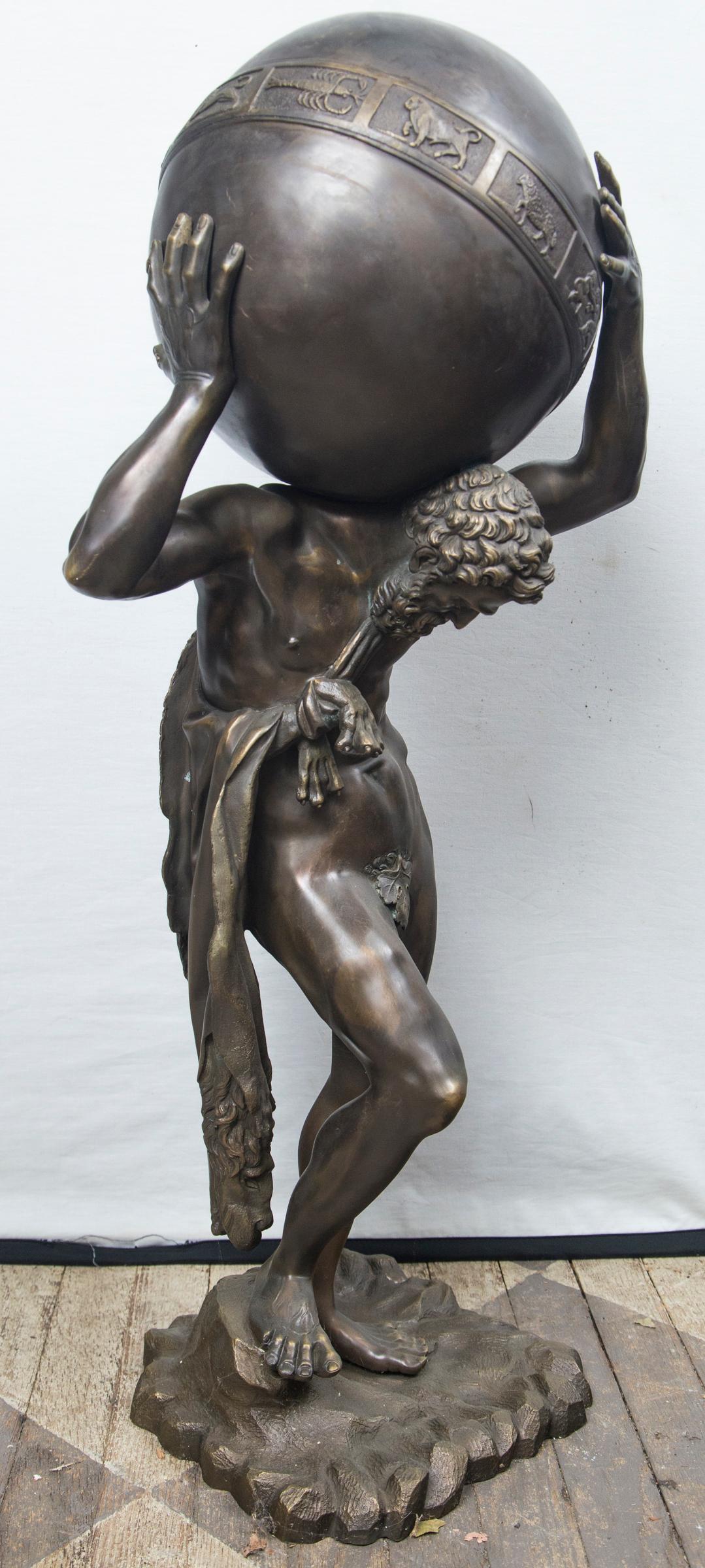 Patinated Bronze Atlas Holding the Globe of the Zodiac