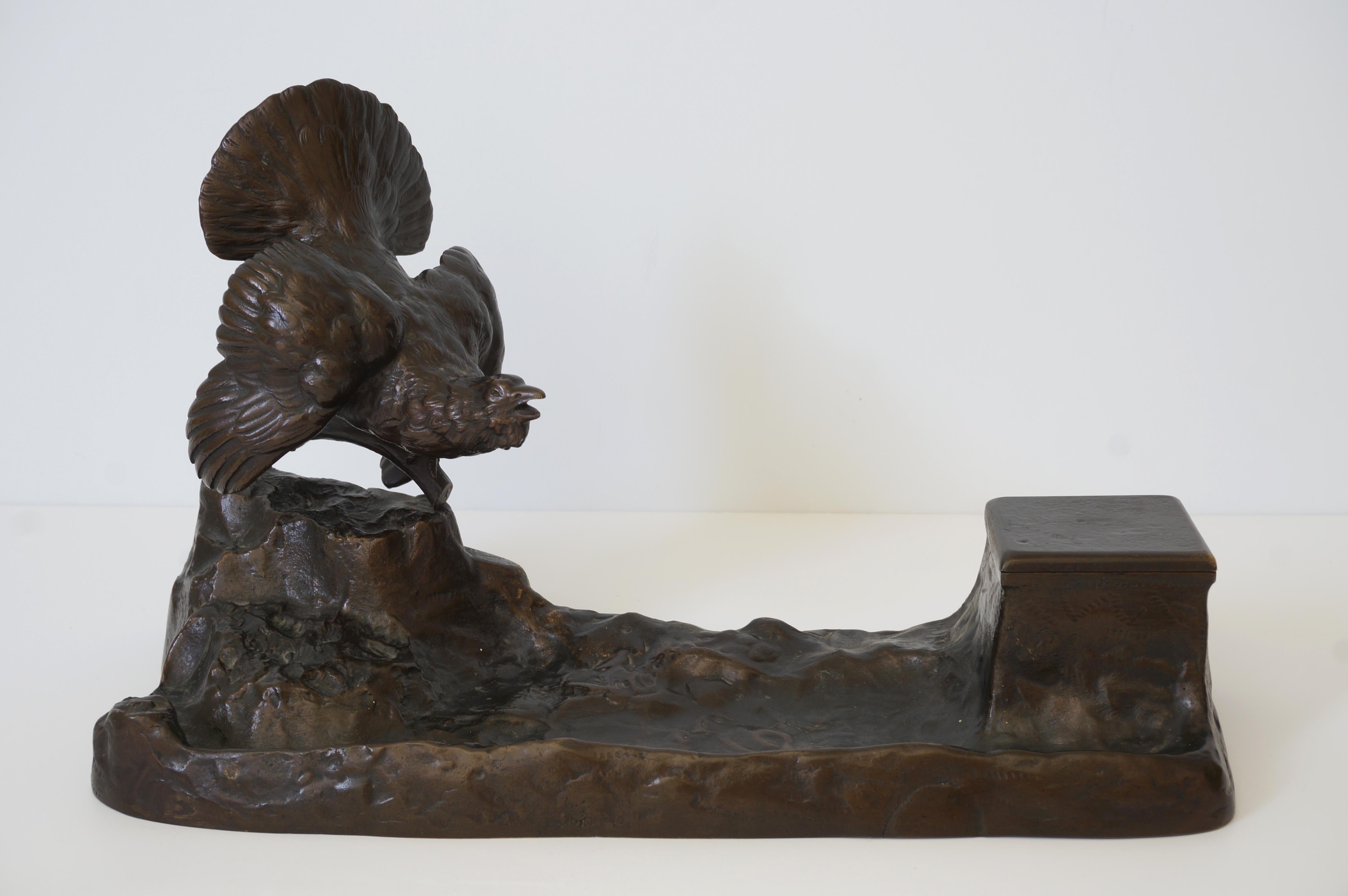 Edwardian Bronze Austrian Pen Rest Inkwell with Black Grouse For Sale