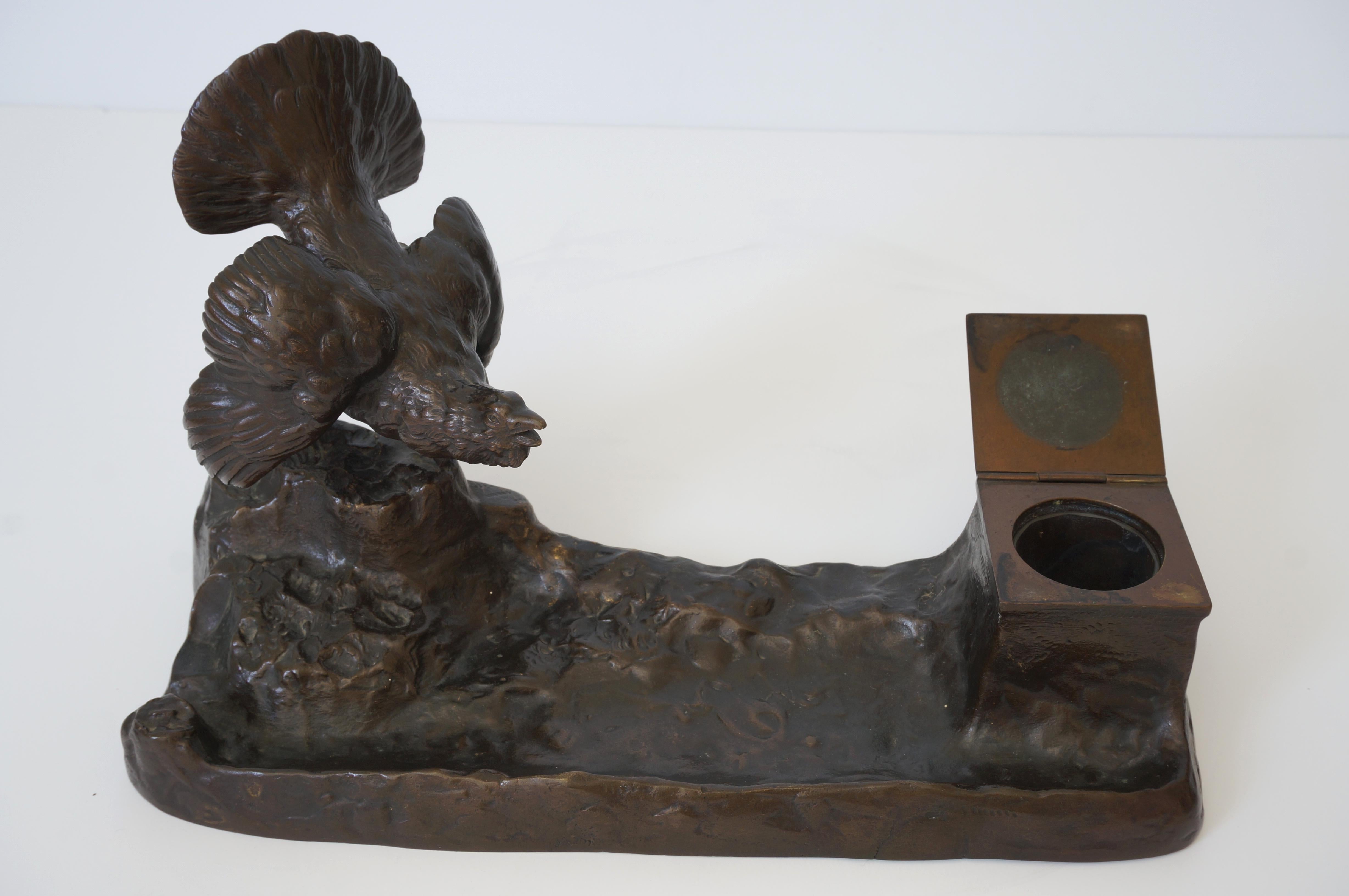 Bronze Austrian Pen Rest Inkwell with Black Grouse In Good Condition For Sale In West Palm Beach, FL