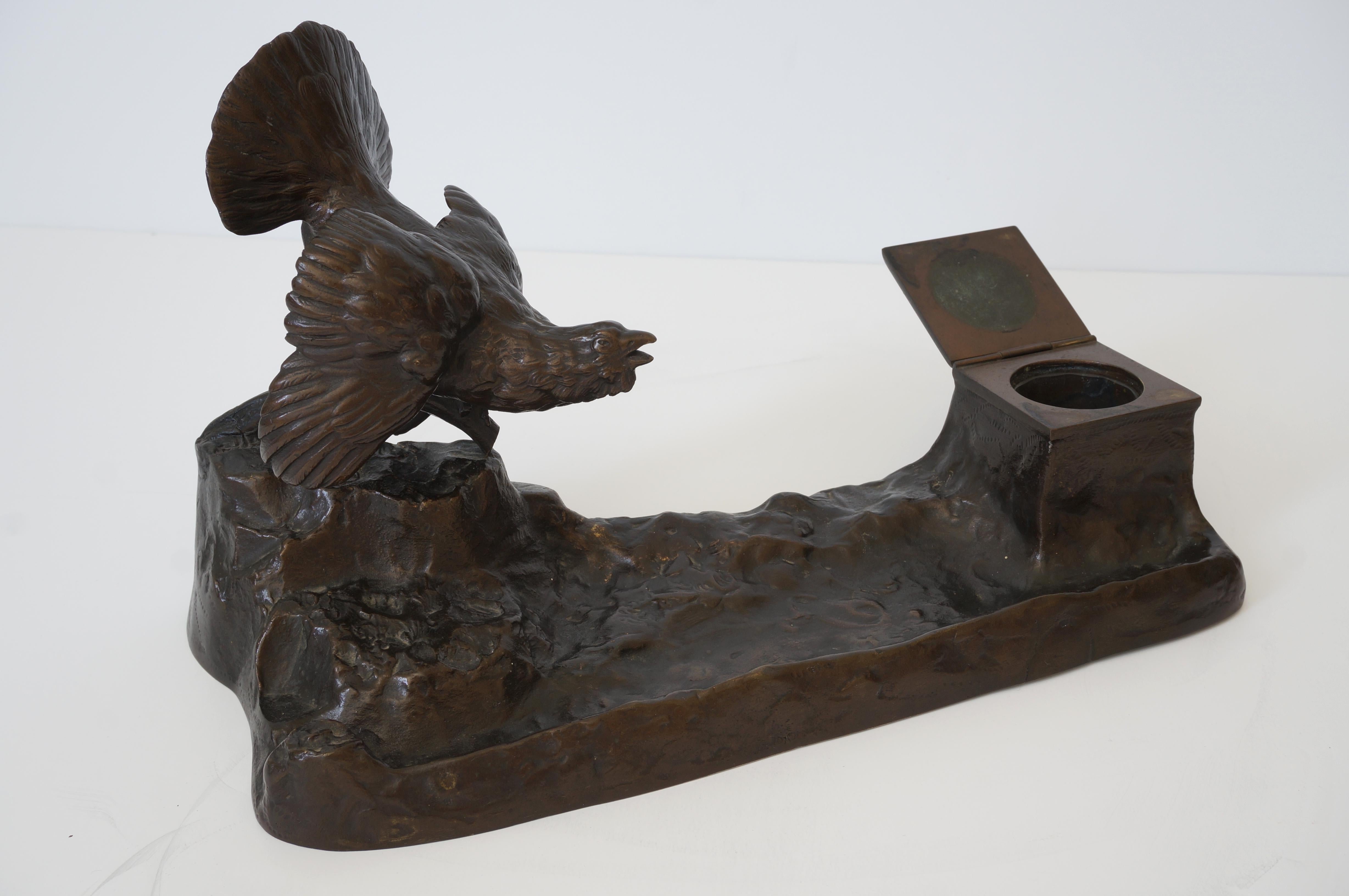 19th Century Bronze Austrian Pen Rest Inkwell with Black Grouse For Sale