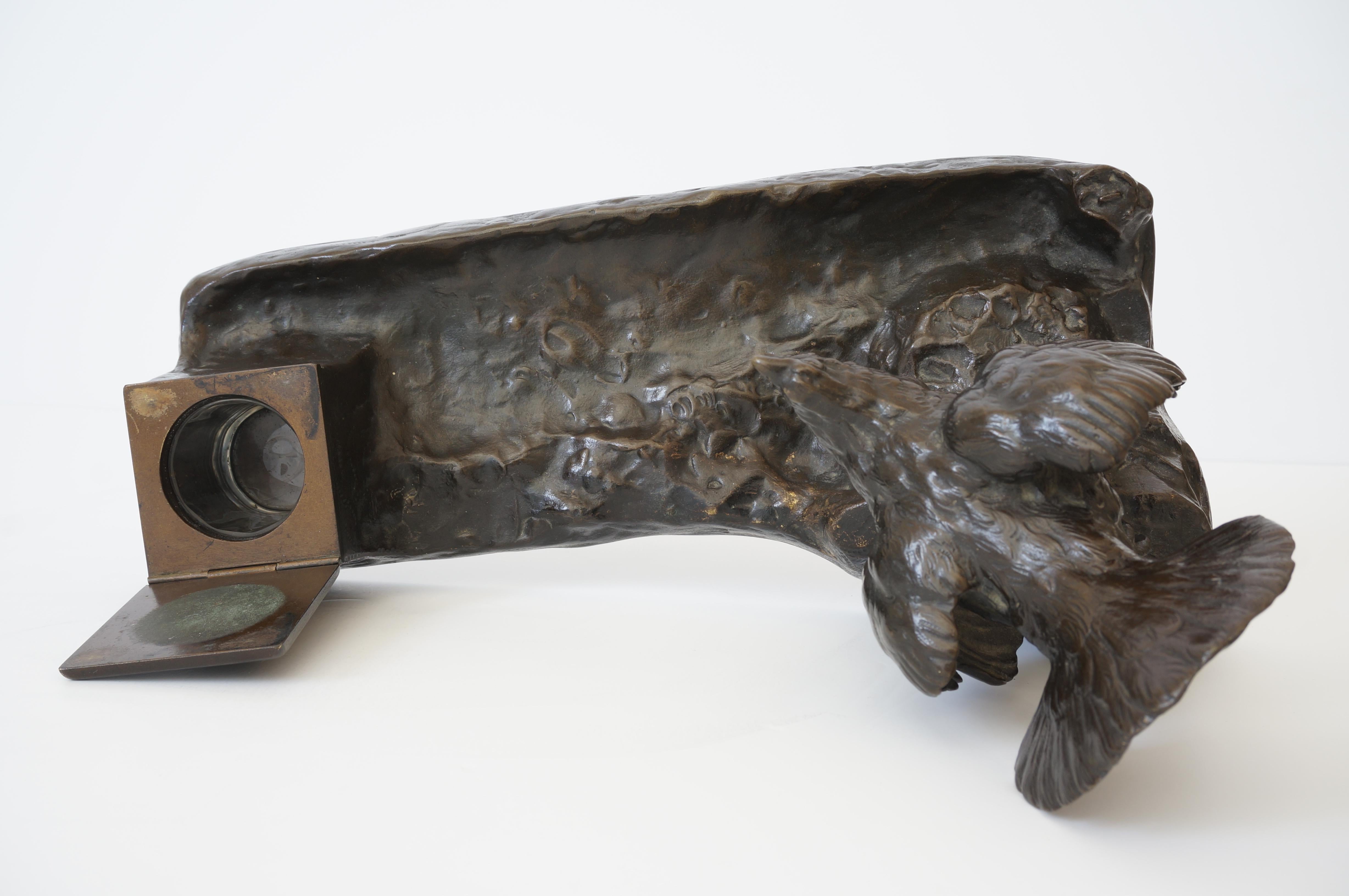 Bronze Austrian Pen Rest Inkwell with Black Grouse For Sale 2
