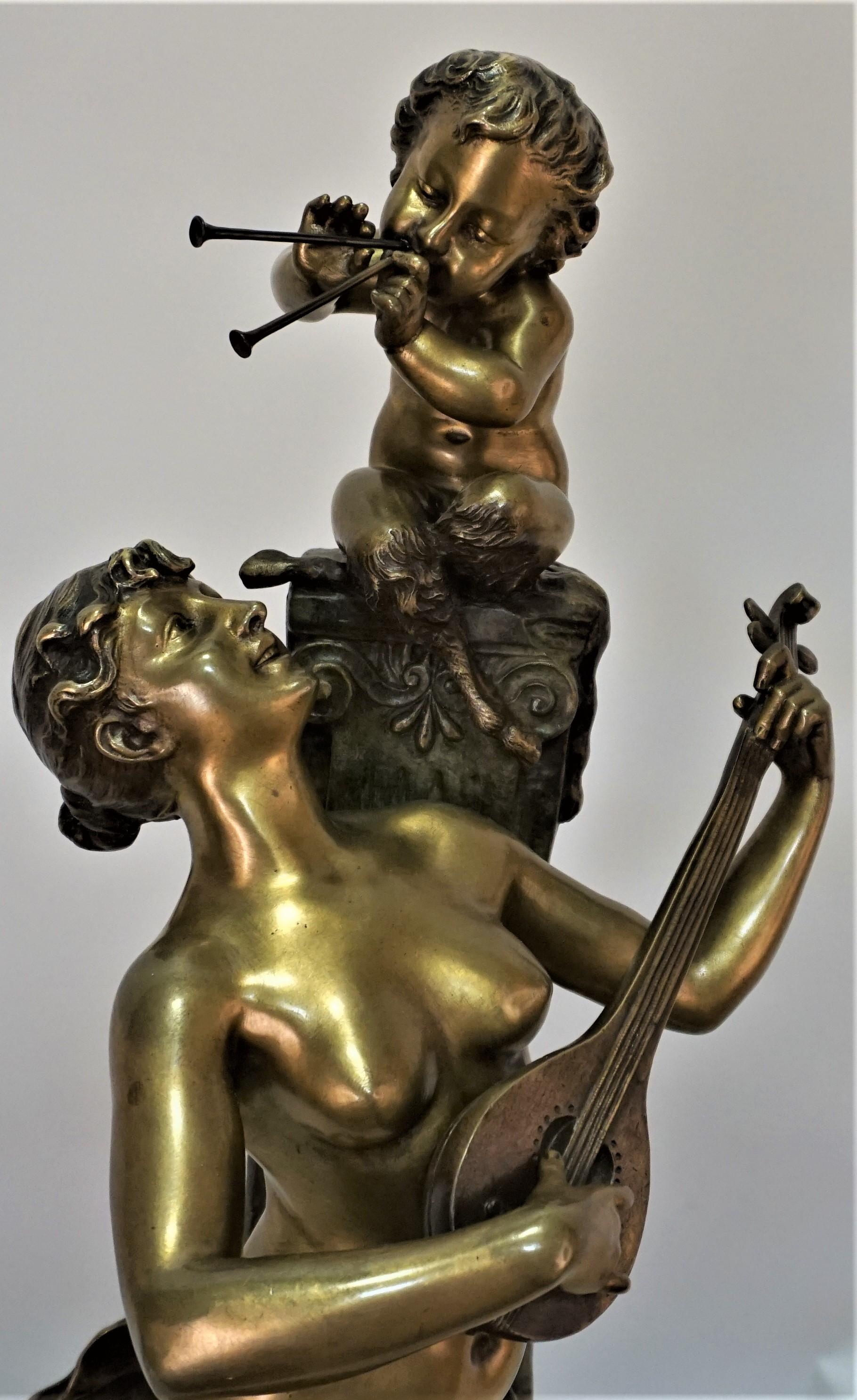 Bronze Bacchante plätschert Musik mit jungem Satyr von Aristide De Ranieri 1865-1929 (Italienisch) im Angebot