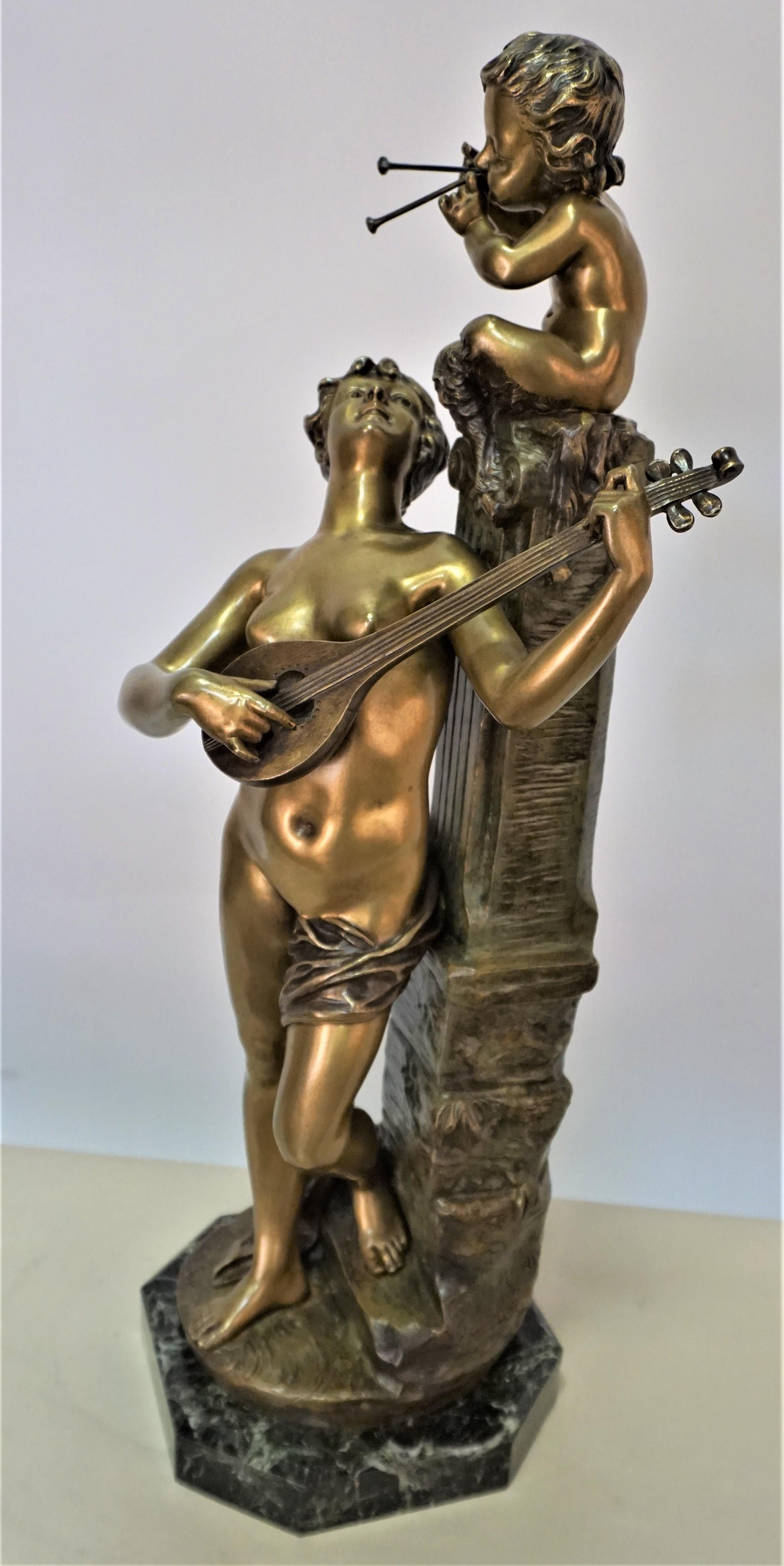 Italian Bronze Bacchante Plying Music with Young Satyr by Aristide De Ranieri 1865-1929 For Sale