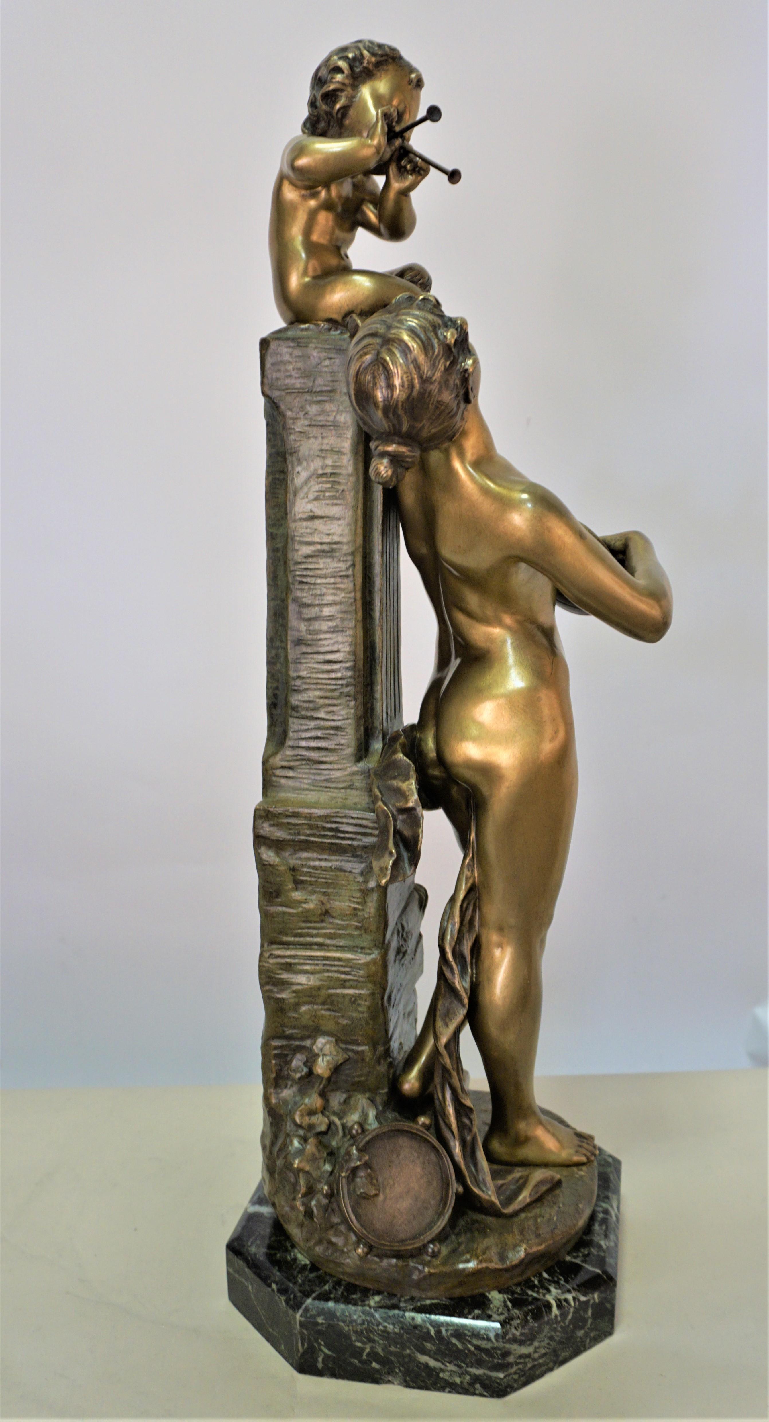 Bronze Bacchante Plying Music with Young Satyr by Aristide De Ranieri 1865-1929 For Sale 2