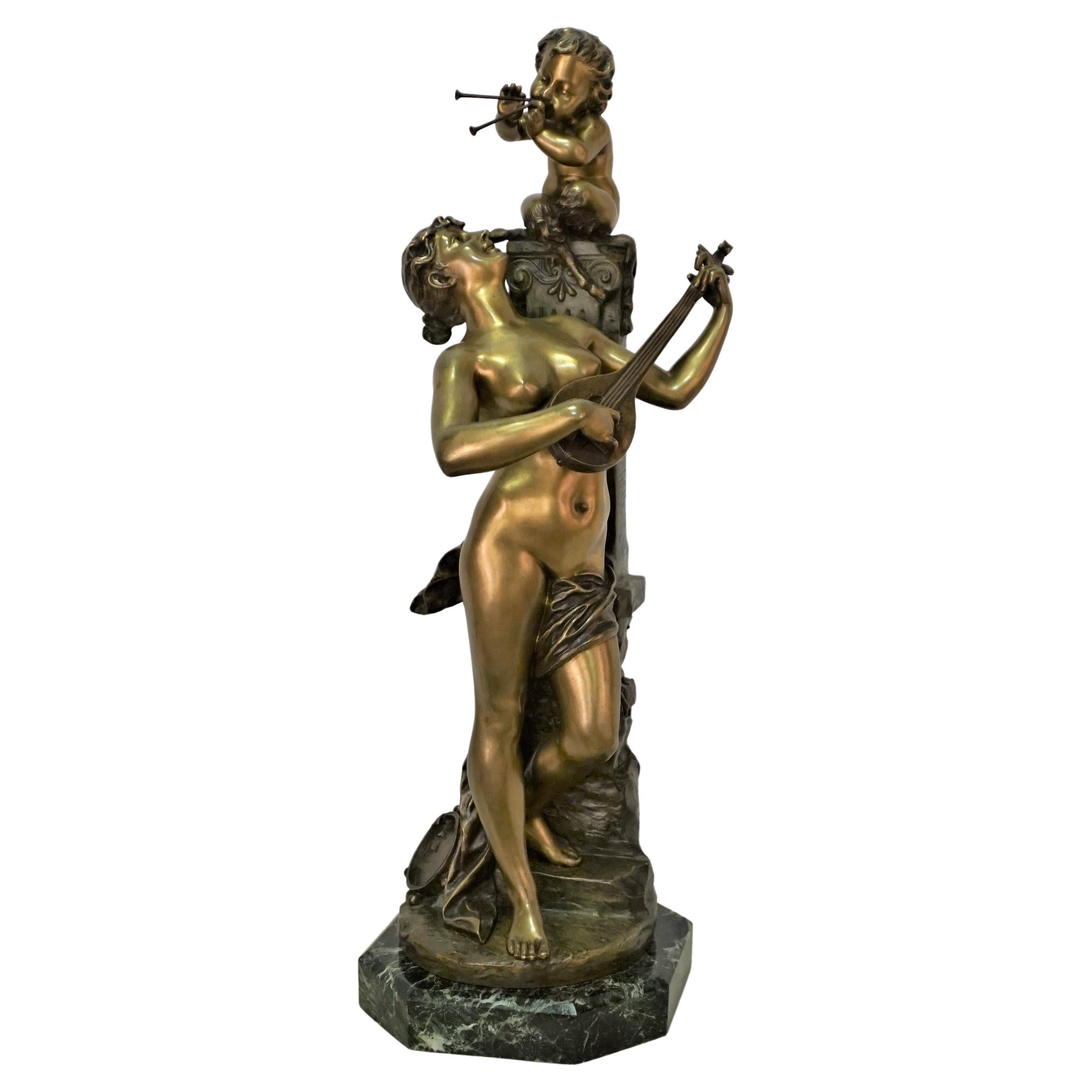 Bronze Bacchante Plying Music with Young Satyr by Aristide De Ranieri 1865-1929 For Sale