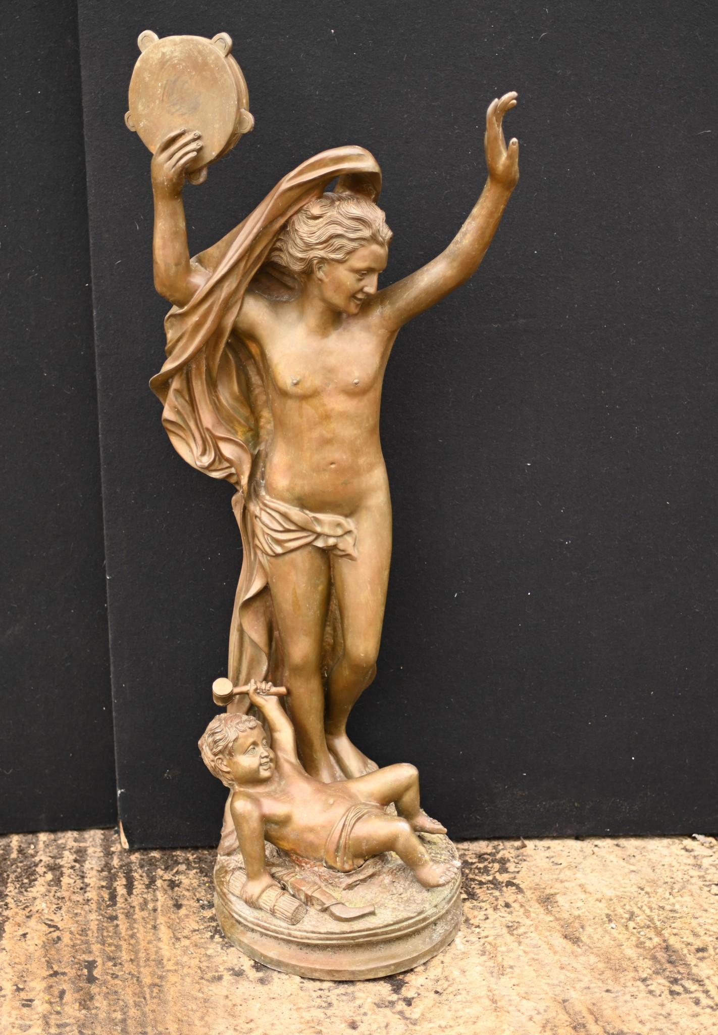 Gorgeous bronze casting of a bacchus with tambourine and cherub
Great work of classical art and good size at just under four feet tall - 110 CM
Great for the garden and of course being bronze this can live outside with no fear of rusting
Bacchus was