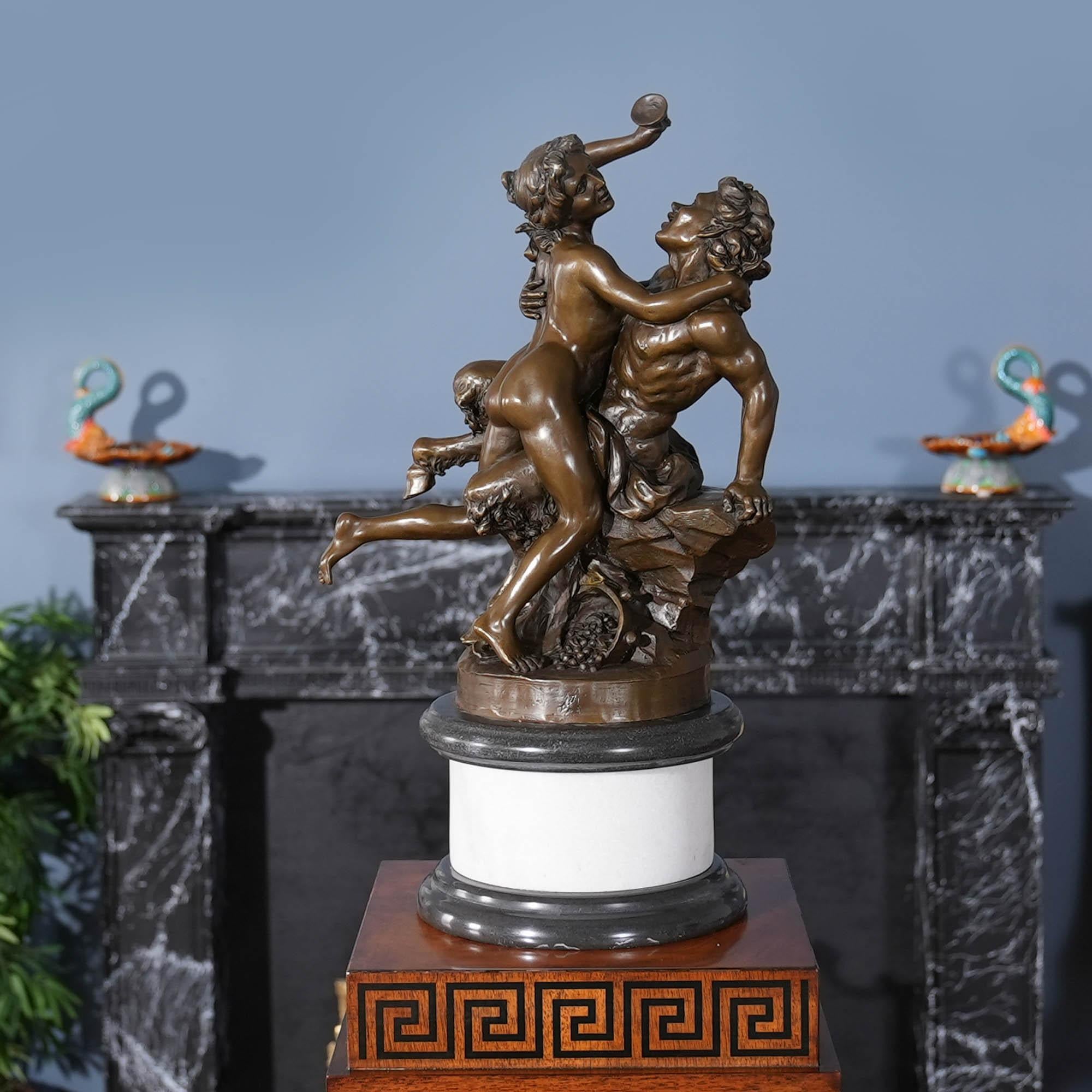 Hand-Crafted Bronze Bacchus with Woman on Marble Base For Sale