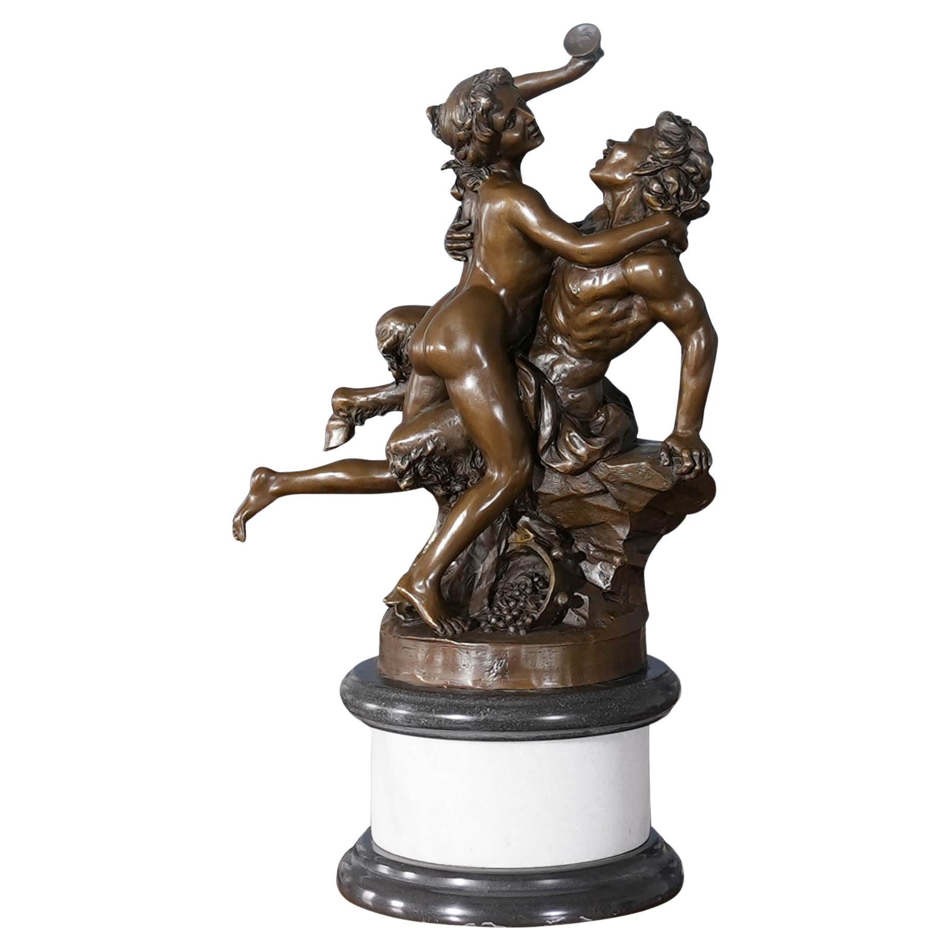 Bronze Bacchus with Woman on Marble Base For Sale