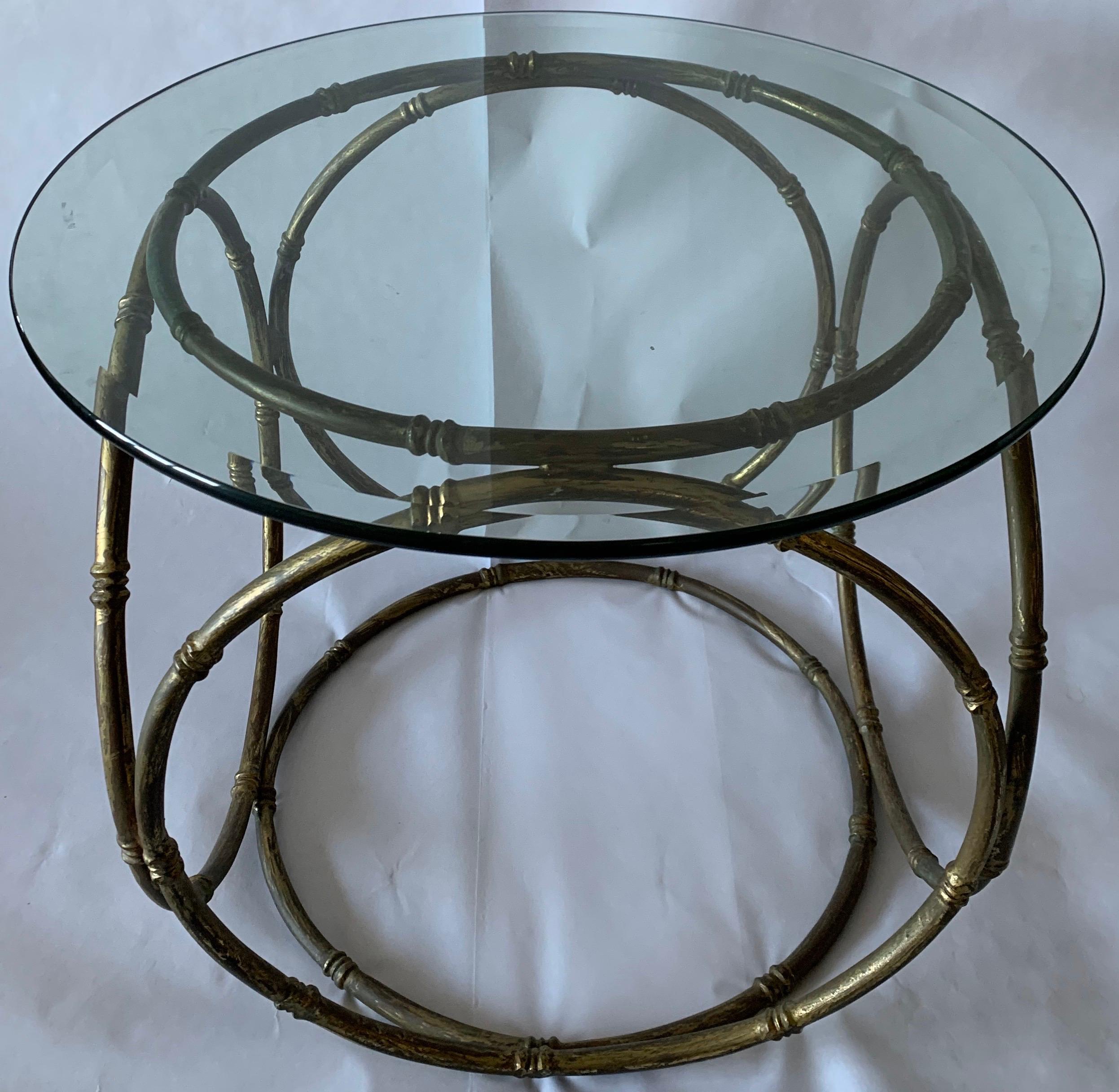 Midcentury French cast bronze bamboo style side table in the style of Maison Bagues. Heavy cast bronze base with new clear glass round top with beveled edge. No makers mark. The base could also be used with a larger or smaller glass top.