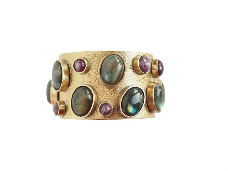 Bronze Bangle with Cabochon Ruby and Labradorite For Sale at 1stdibs