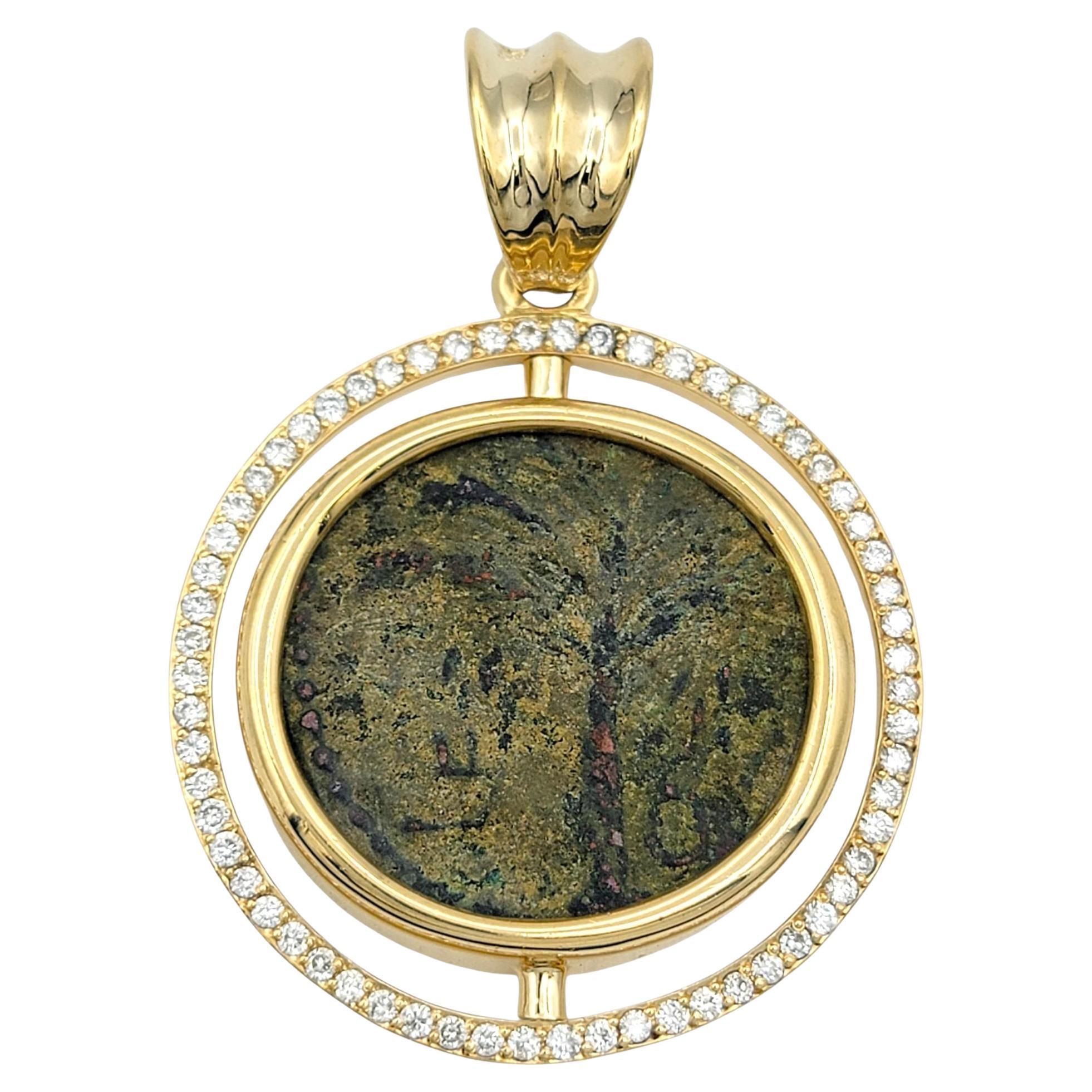 Bronze Bar Kocha Treasure Coin Pendant with Diamond Halo in 14 Karat Yellow Gold For Sale