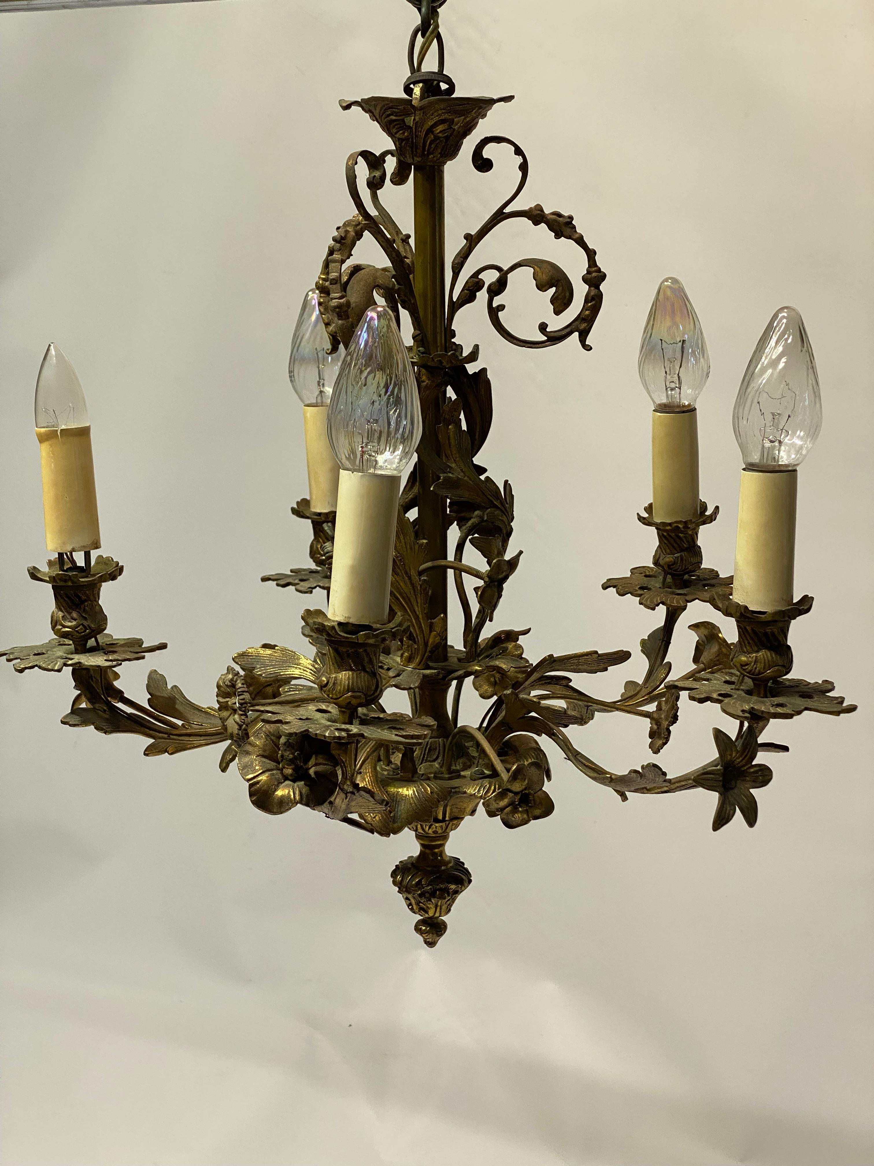 Cast Bronze Baroque Style Scroll and Floral Five Light Chandelier