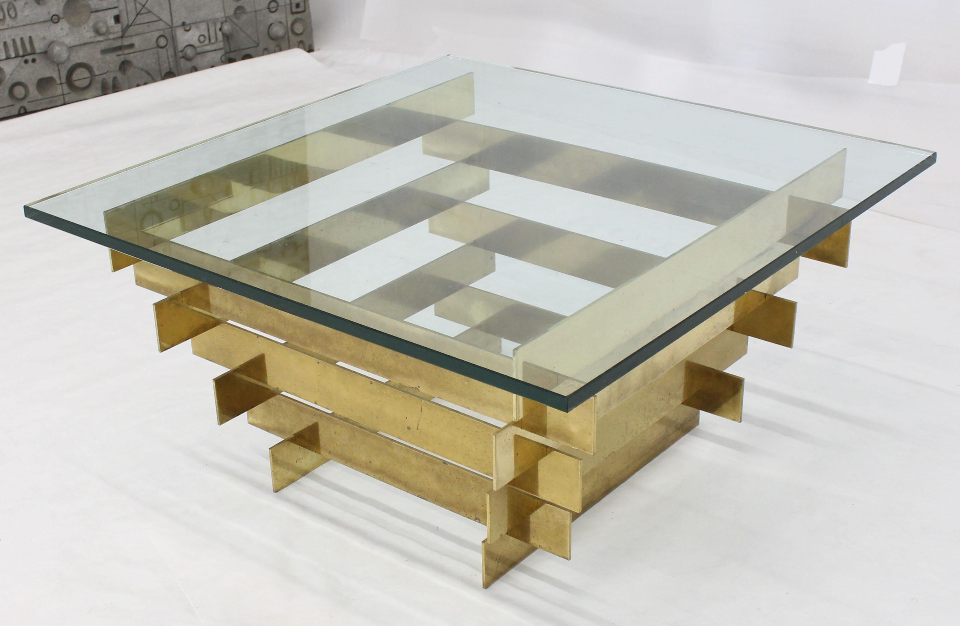 Glass top square brass of bronze Mid-Century Modern coffee table.