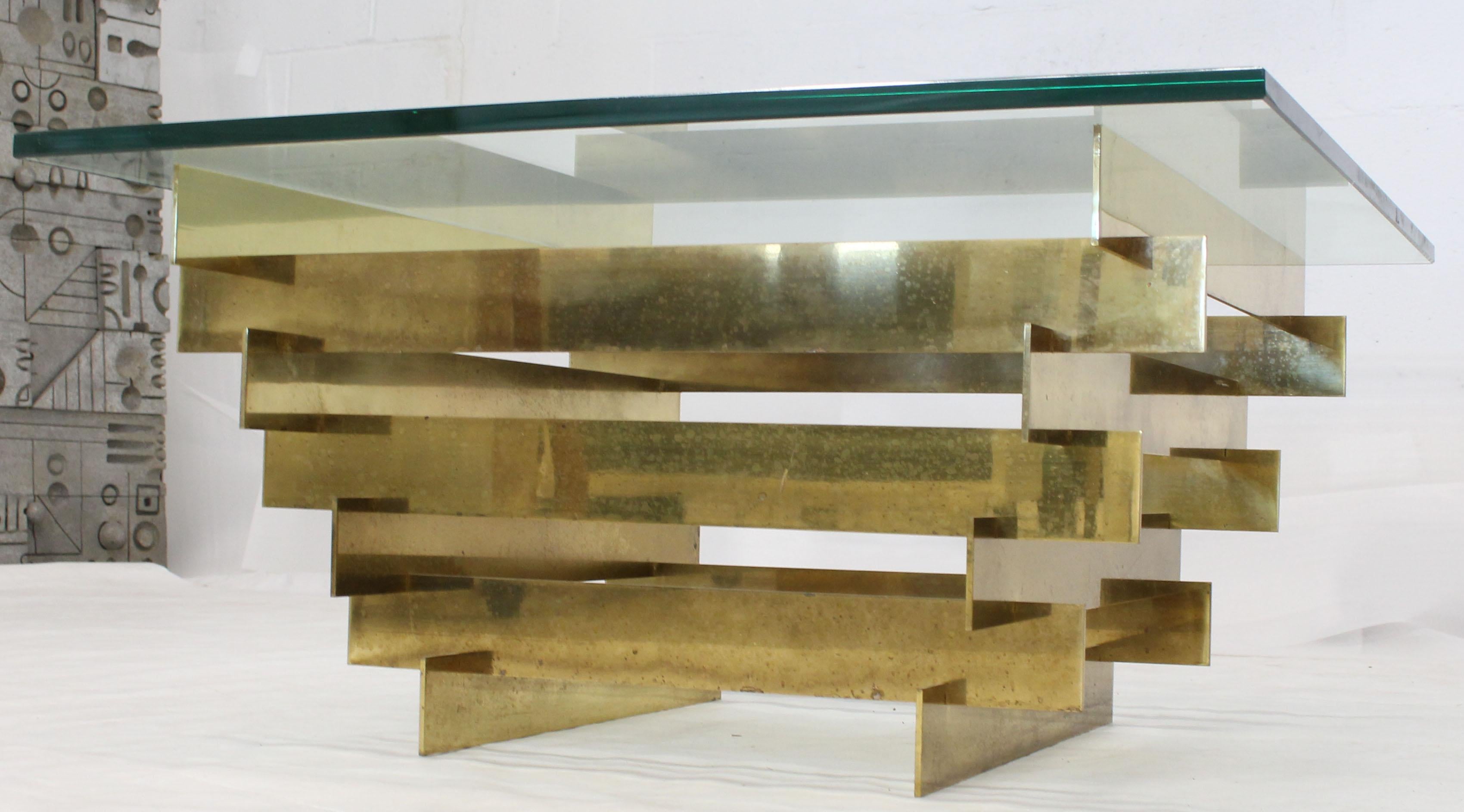Bronze Base Glass Top Mid-Century Modern Square Coffee Table In Good Condition In Rockaway, NJ