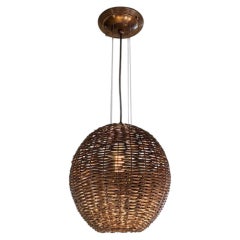 Lampada a sospensione in bronzo a trama cestinata, dettagli della catena di perline, cavo di cotone intrecciato