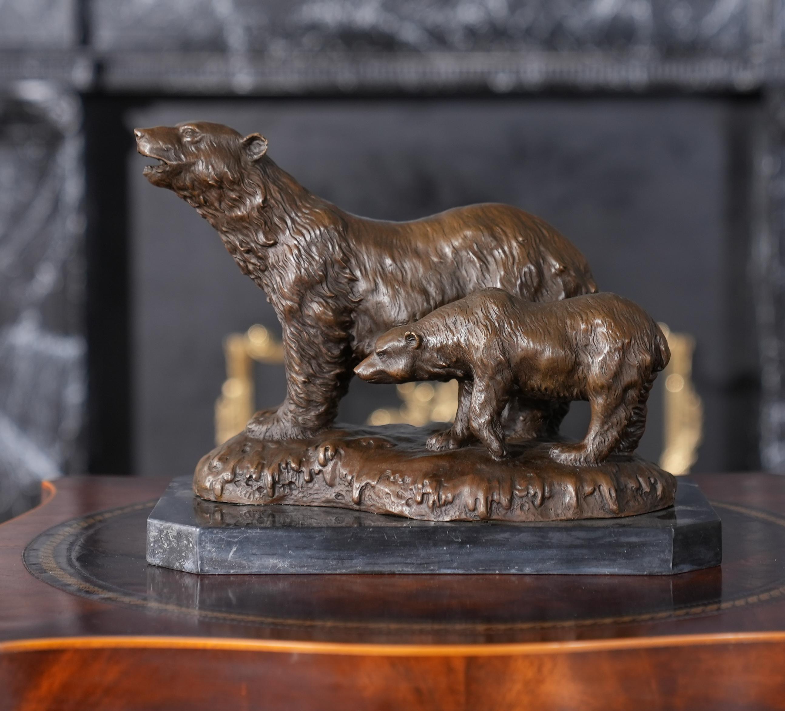 Graceful even when standing still the Bronze Bear and Cub Marble Base is a striking addition to any setting. Using traditional lost wax casting methods the Bear and Cub statue is created in pieces and then joined together with brazing and hand