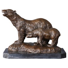 Base en marbre Ours et cub en bronze