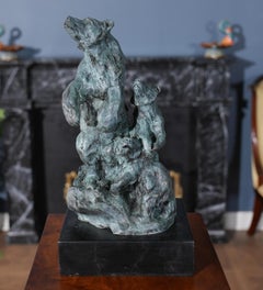 Bronze Bear and Cubs on Marble Base