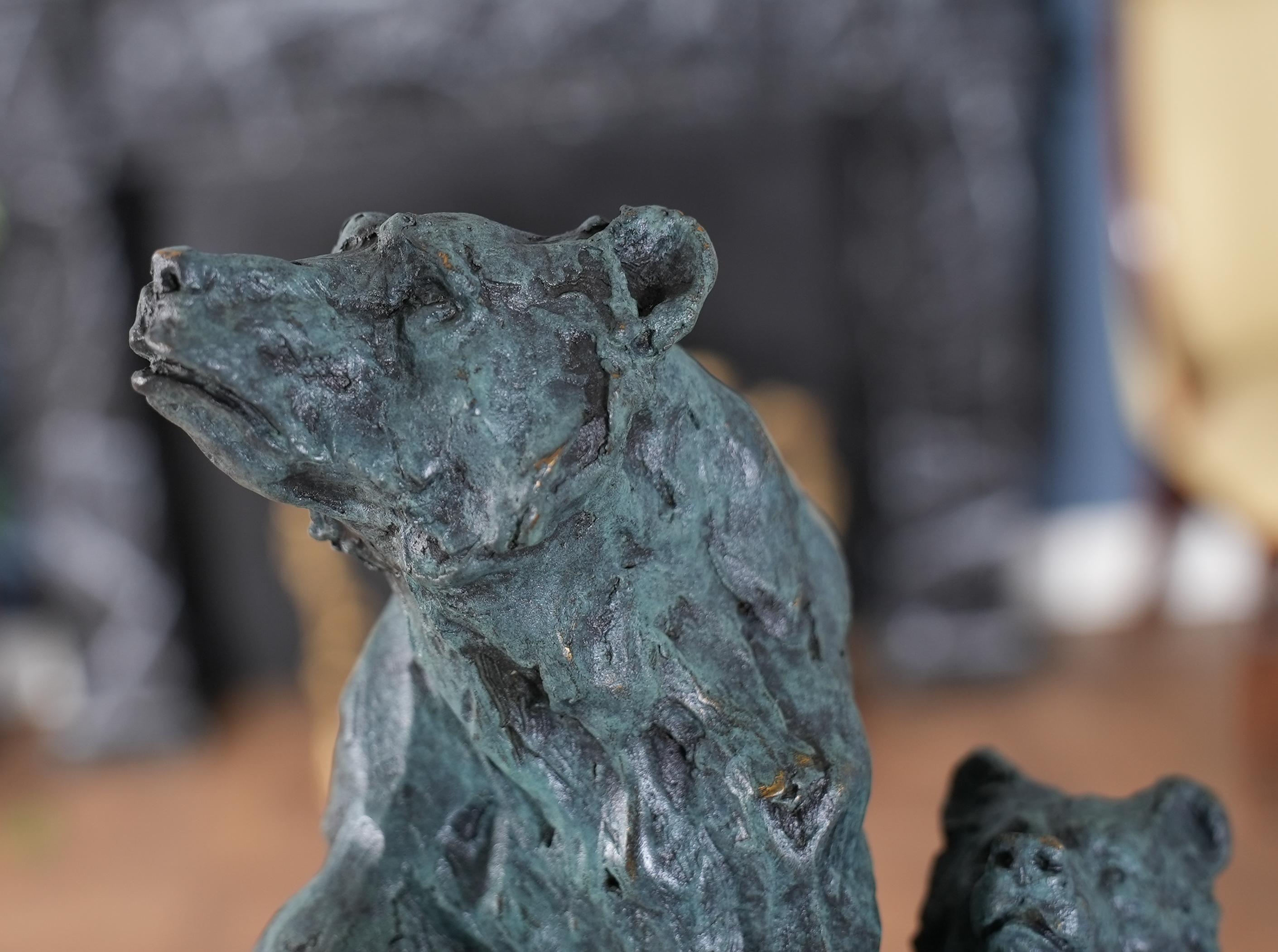 Contemporary Bronze Bear and Cubs on Marble Base For Sale