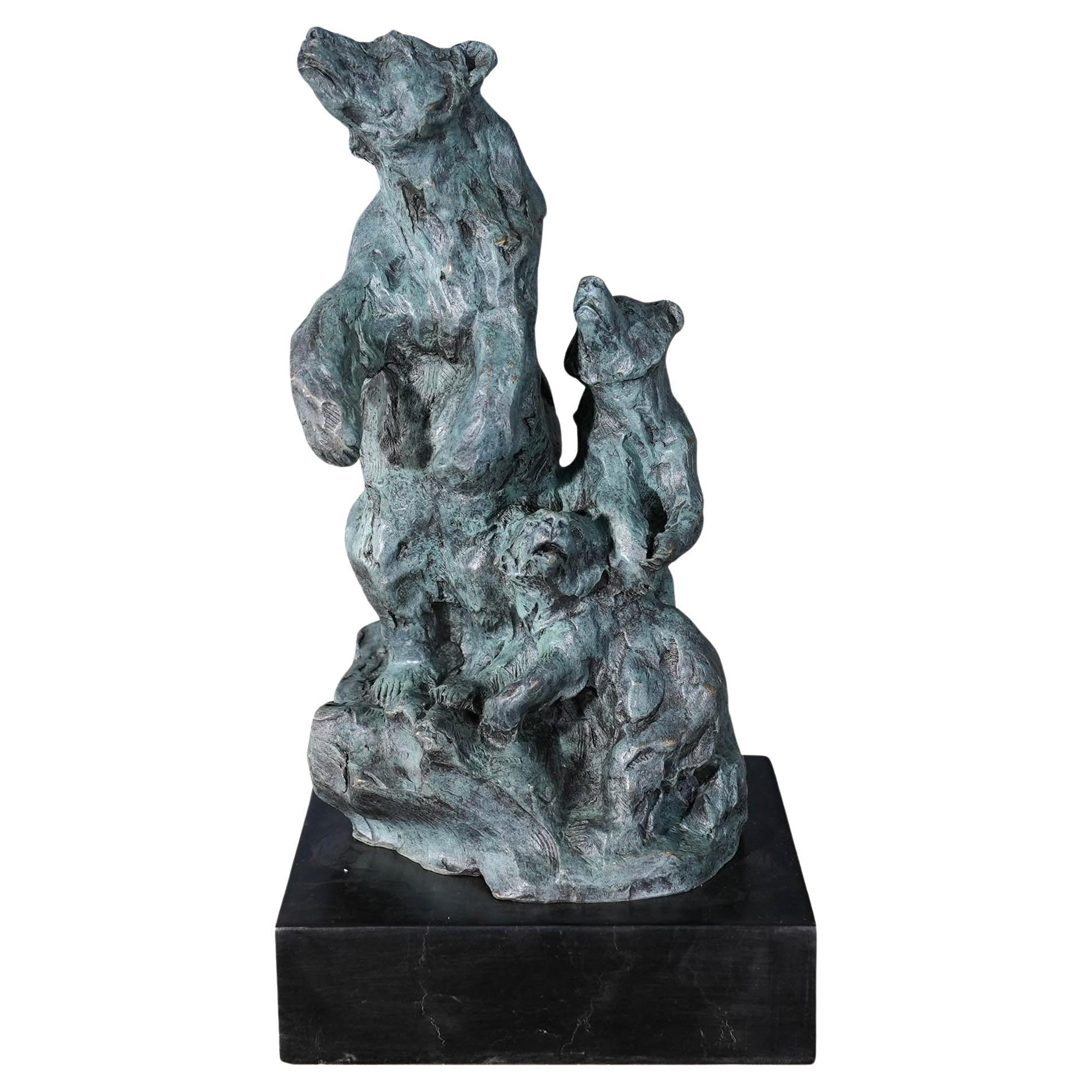 Bronze Bear and Cubs on Marble Base