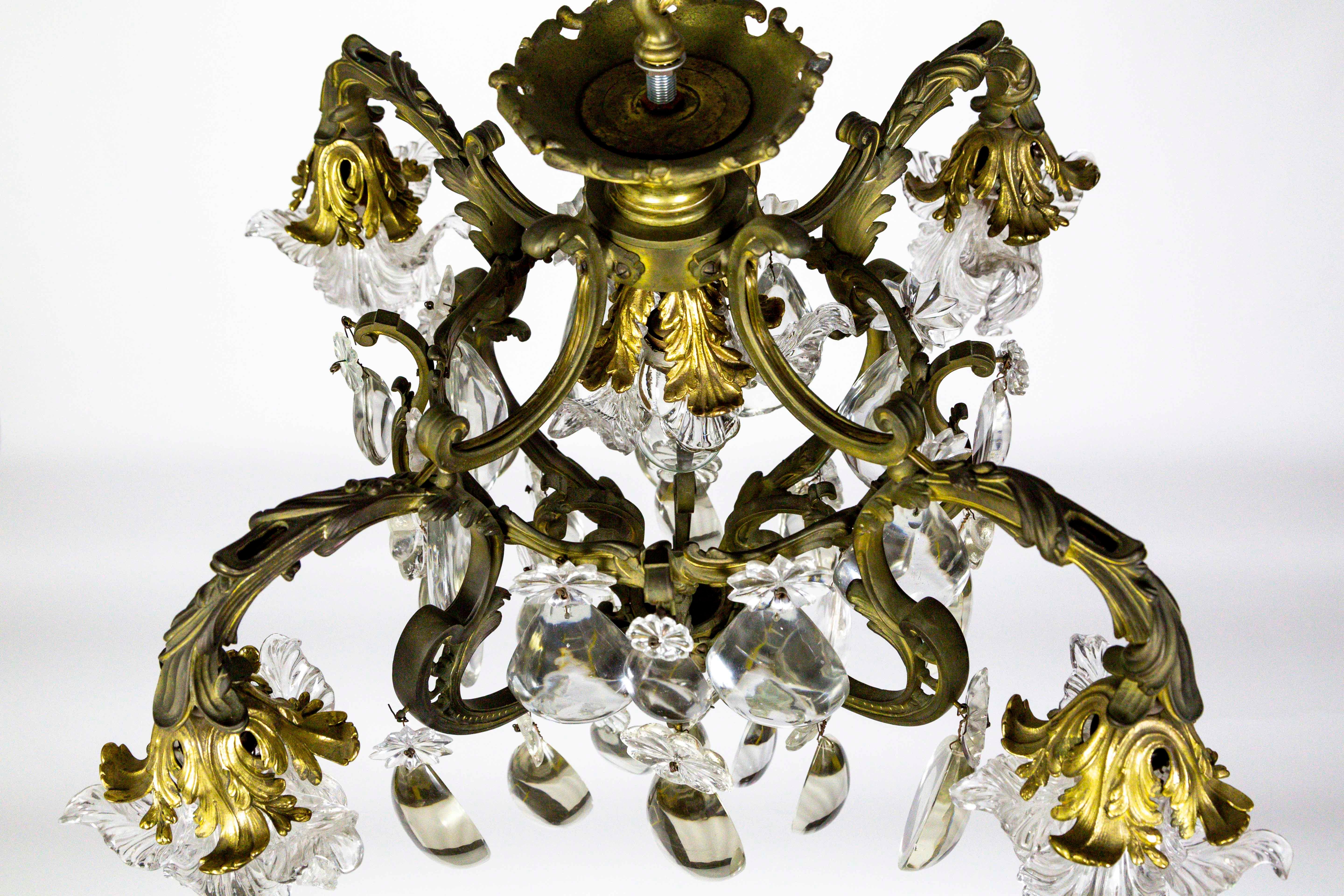 French Bronze Belle Époque Glass Flower and Smooth Almond Crystal Chandelier