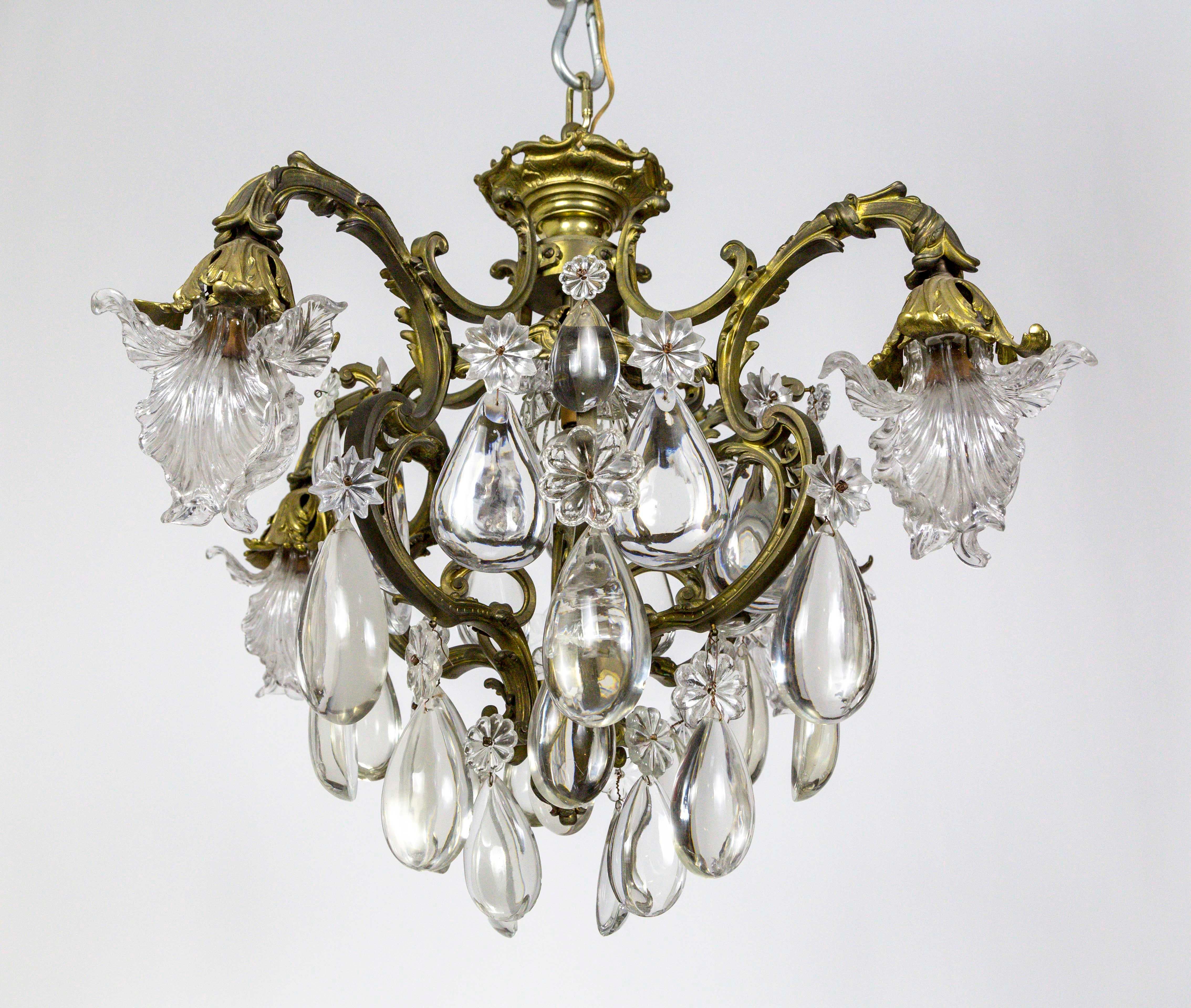 Bronze Belle Époque Glass Flower and Smooth Almond Crystal Chandelier In Good Condition In San Francisco, CA