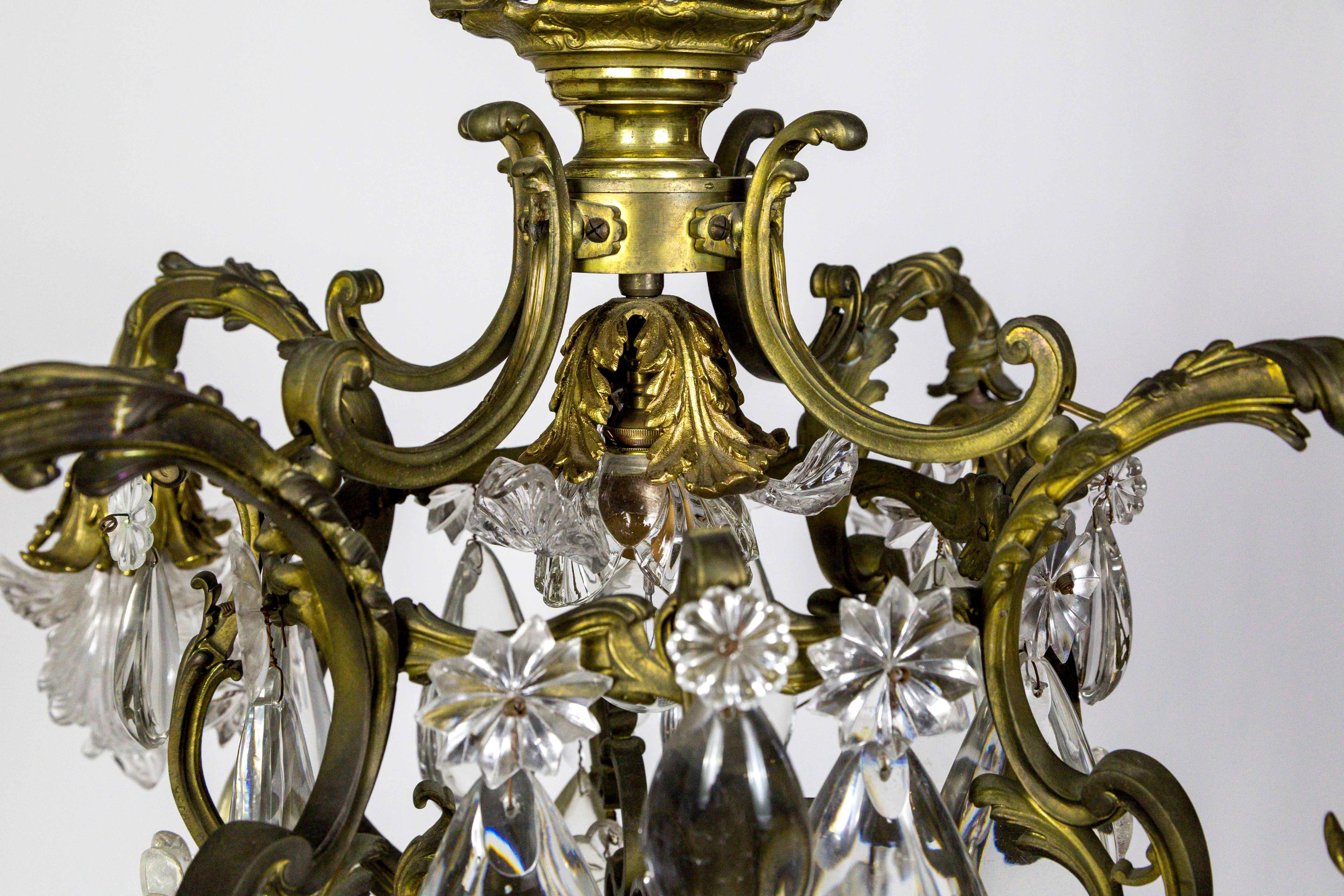 19th Century Bronze Belle Époque Glass Flower and Smooth Almond Crystal Chandelier