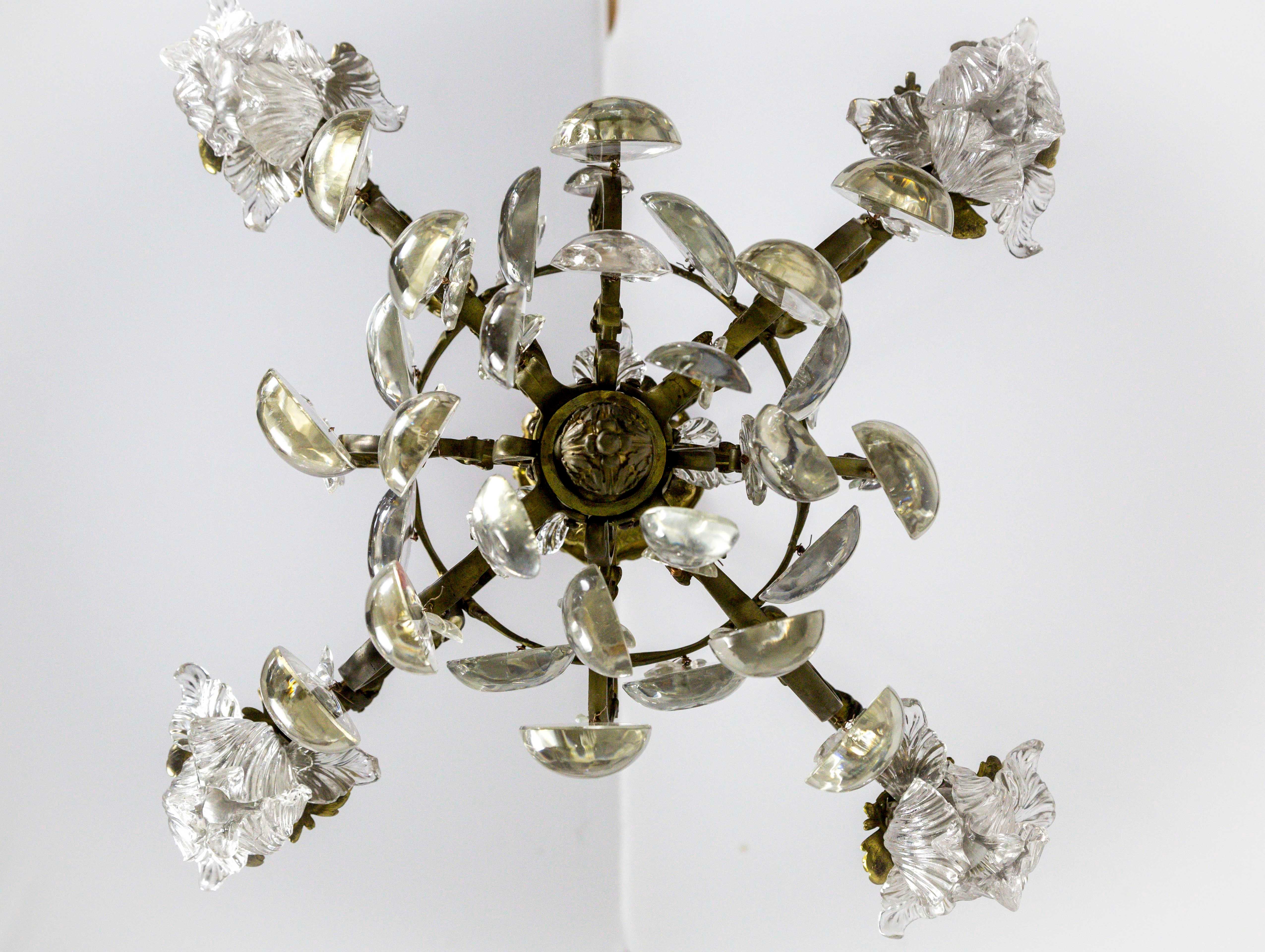 Bronze Belle Époque Glass Flower and Smooth Almond Crystal Chandelier 3